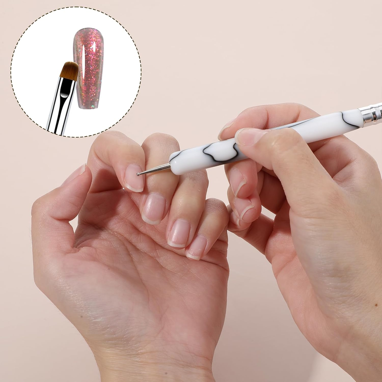 4 Pcs French Nail Brush Set French Tip Brush and 2 Way Dotting Tool for Nails Gel Acrylic Nails Art Design Pen Professional Nail Clean up Brushes for Salon Manicure Beginners(White) - White image number 2