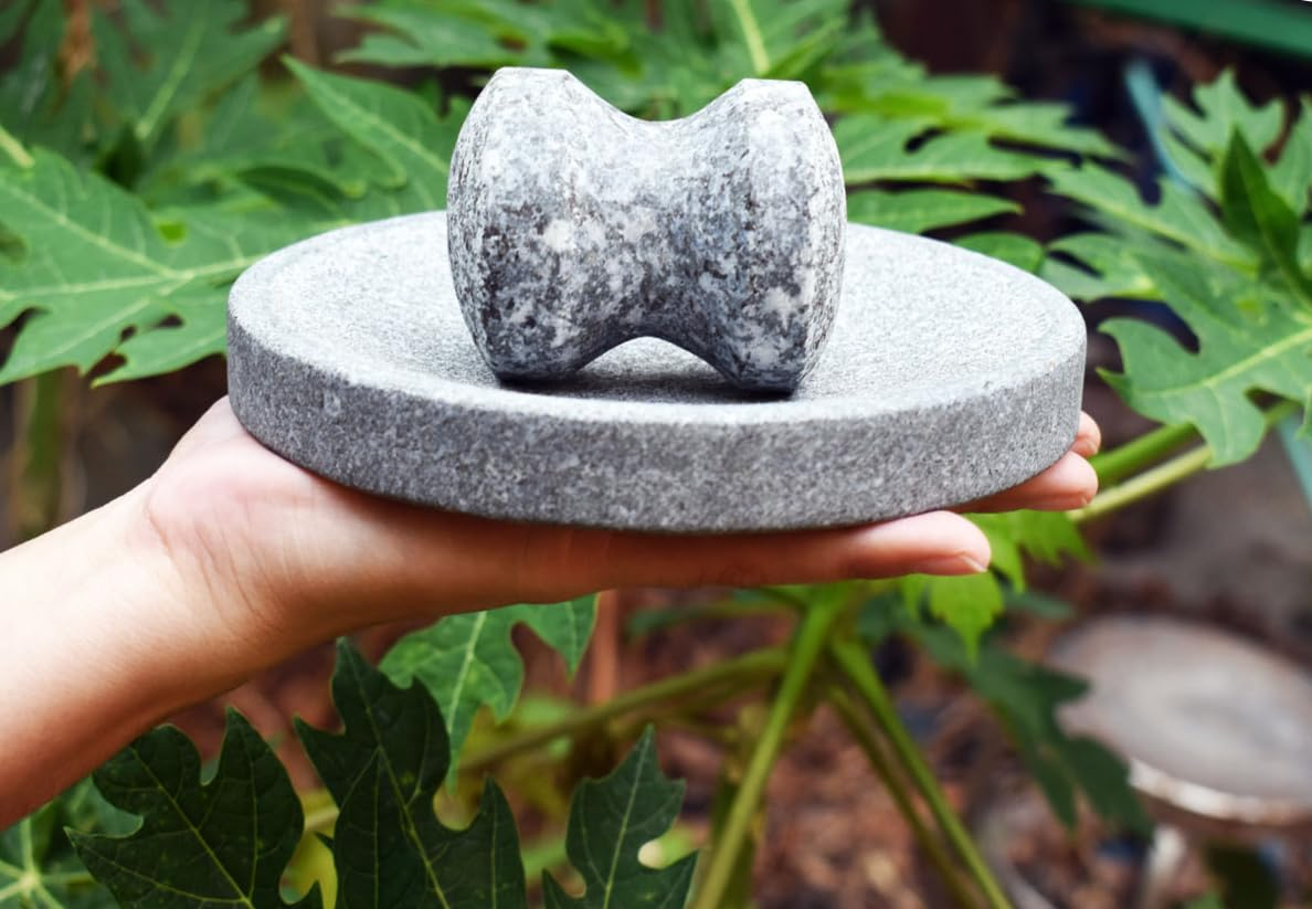 Small Size 6In/15Cm Granite Grinder Mortar and Pestle Set Stone Plate Set for Spice and Salt on Camping Primitive Lava Dish (1.8 Lbs-0.8 Kg) image number 2