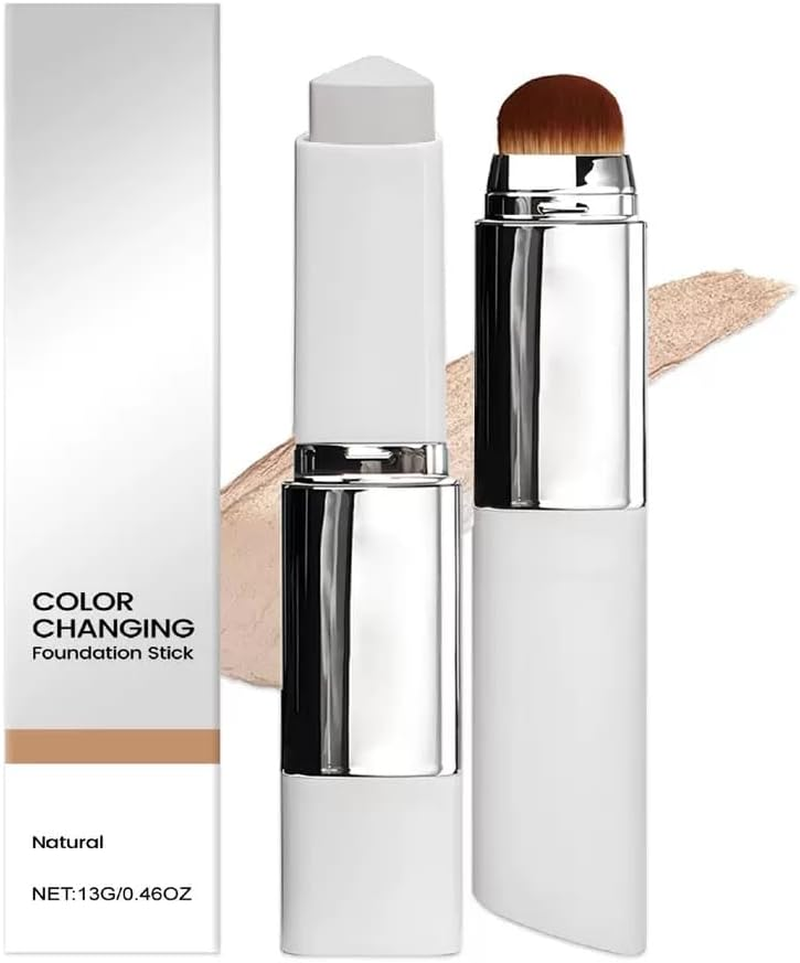 Color Changing Foundation Stick, Dual Head Cover Cream Stick V White, Medium to Full Coverage Dewy Finish Base Makeup with Detachable Brush for a Flawless Look (Natural Color)