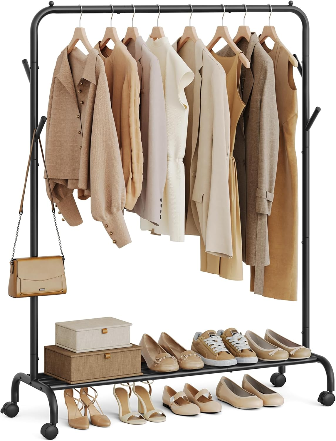 SONGMICS HSR131W01 Clothes Rack on Wheels, Clothes Rail, Coat Rack Made of Steel Tubes, Maximum Load 50 Kg, 103.5 Cm Wide, Multifunctional Storage, White