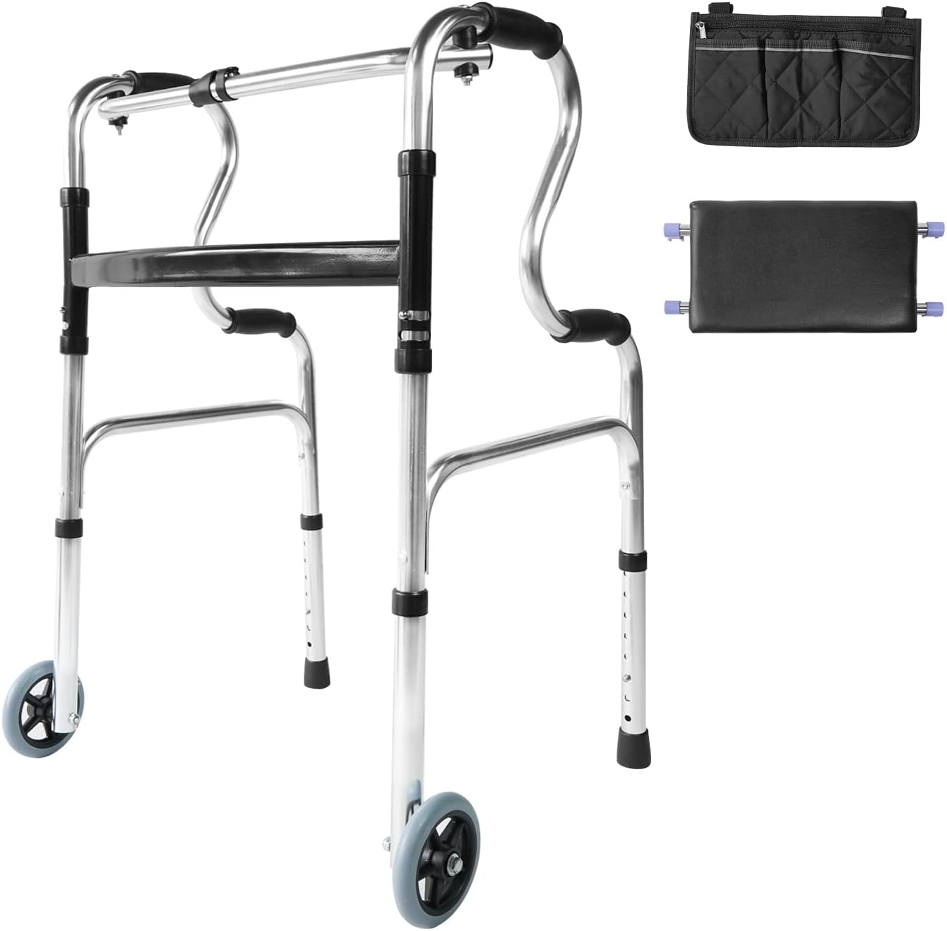 USOR 4-In-1 Stand-Assist Folding Walker with Detachable Seat, Folds for Easy Storage & Transport, 5" Wheels, Capacity 150KG, Can Be Used as Toilet Safety Rail, Silver, Aluminium, Senior/Elderly image number 1