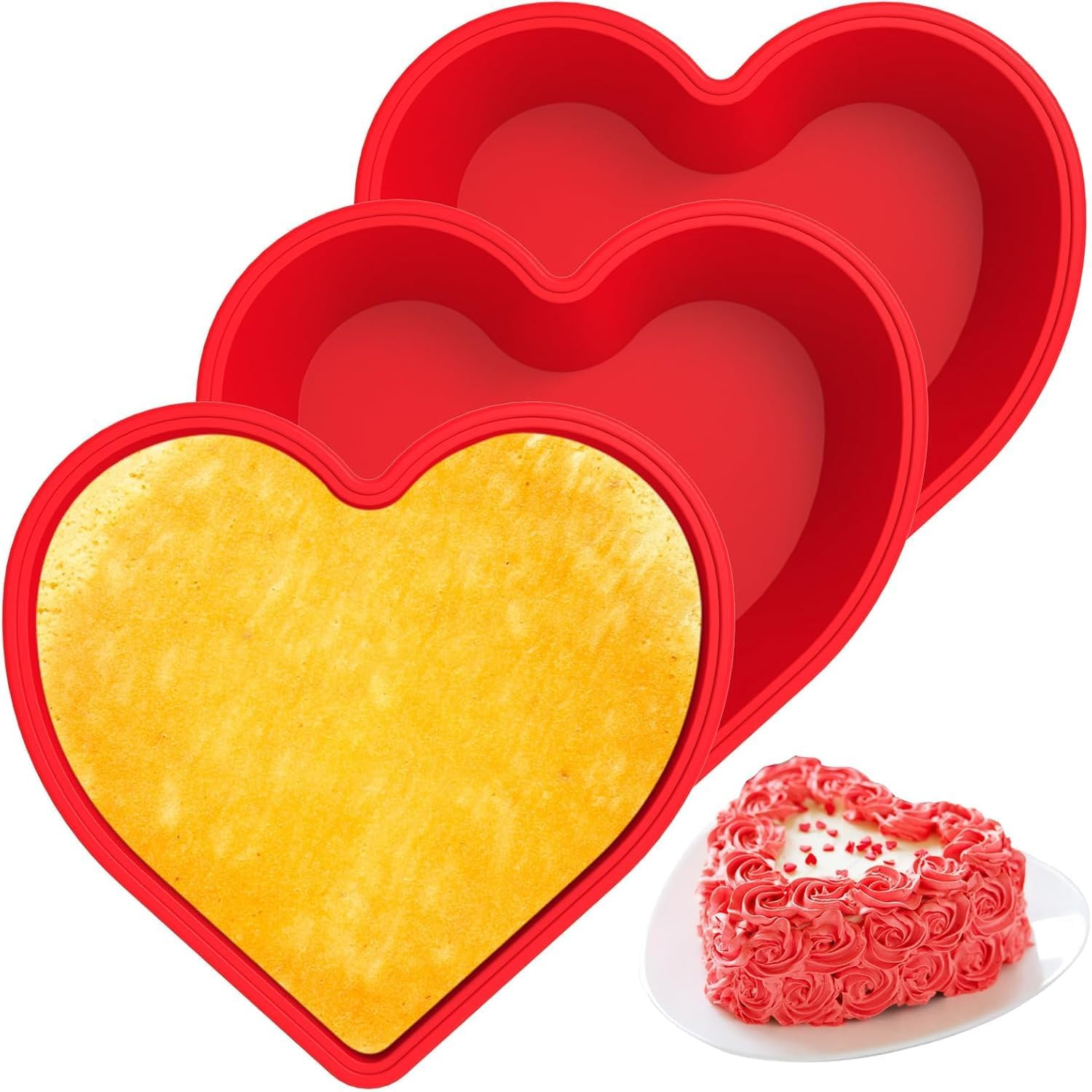 3Pcs Heart Shaped Cake Pans, 10 Inch Silicone Cake Molds, Cake Baking Tray, Reusable Cake Baking Pans, Nonstick Cheesecake Molds, Heat Resistant Cake Tins for Cake Cheesecake Chiffon Cake Muffin image number 1