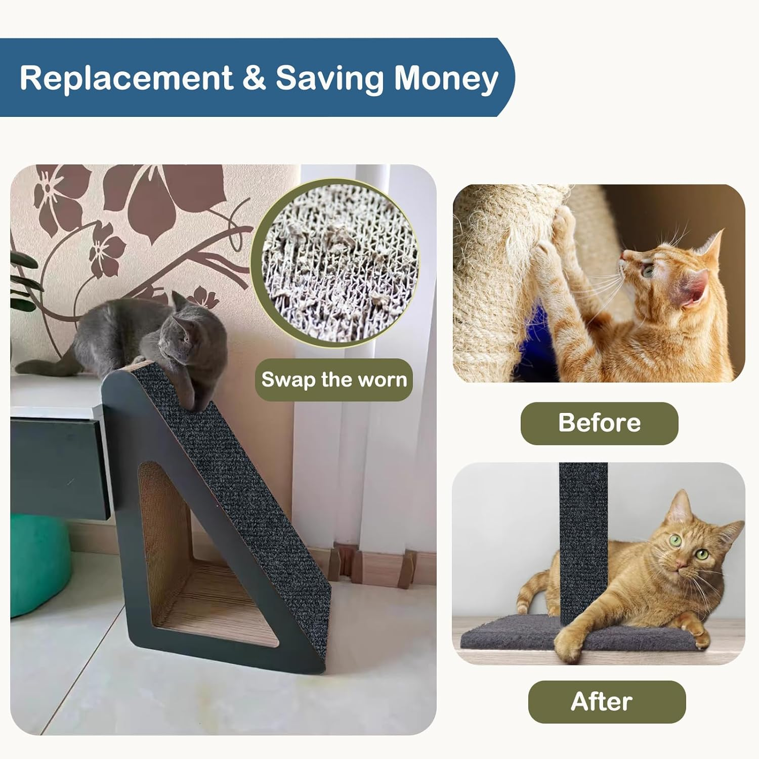 Mooydee 3 Pack Cat Scratch Mats 23.6"X11.8", Trimmable Self-Adhesive Cat Scratching Post Carpet Cat Tree Shelves Replacement Parts Easy Use Cat Scratcher for Couch Furniture DIY Protector- Dark Gray image number 6