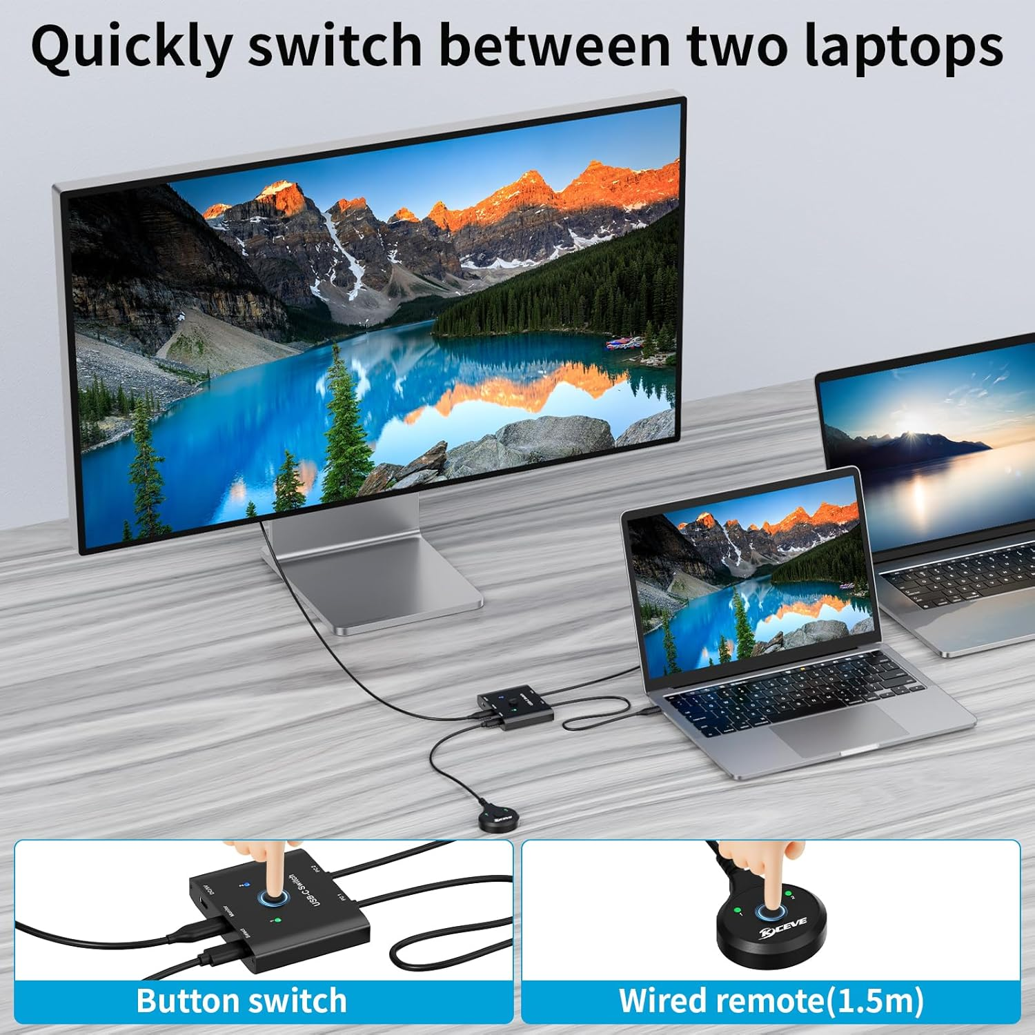 USB C Switch,Bi-Directional USB C Switcher 2 Computers,Type C KVM Switch 8K@60Hz 4K@120Hz Video/10Gbps Data Transfer/100W Charging,Compatible with Thunderbolt Device, 20Gbps Cables Included image number 5