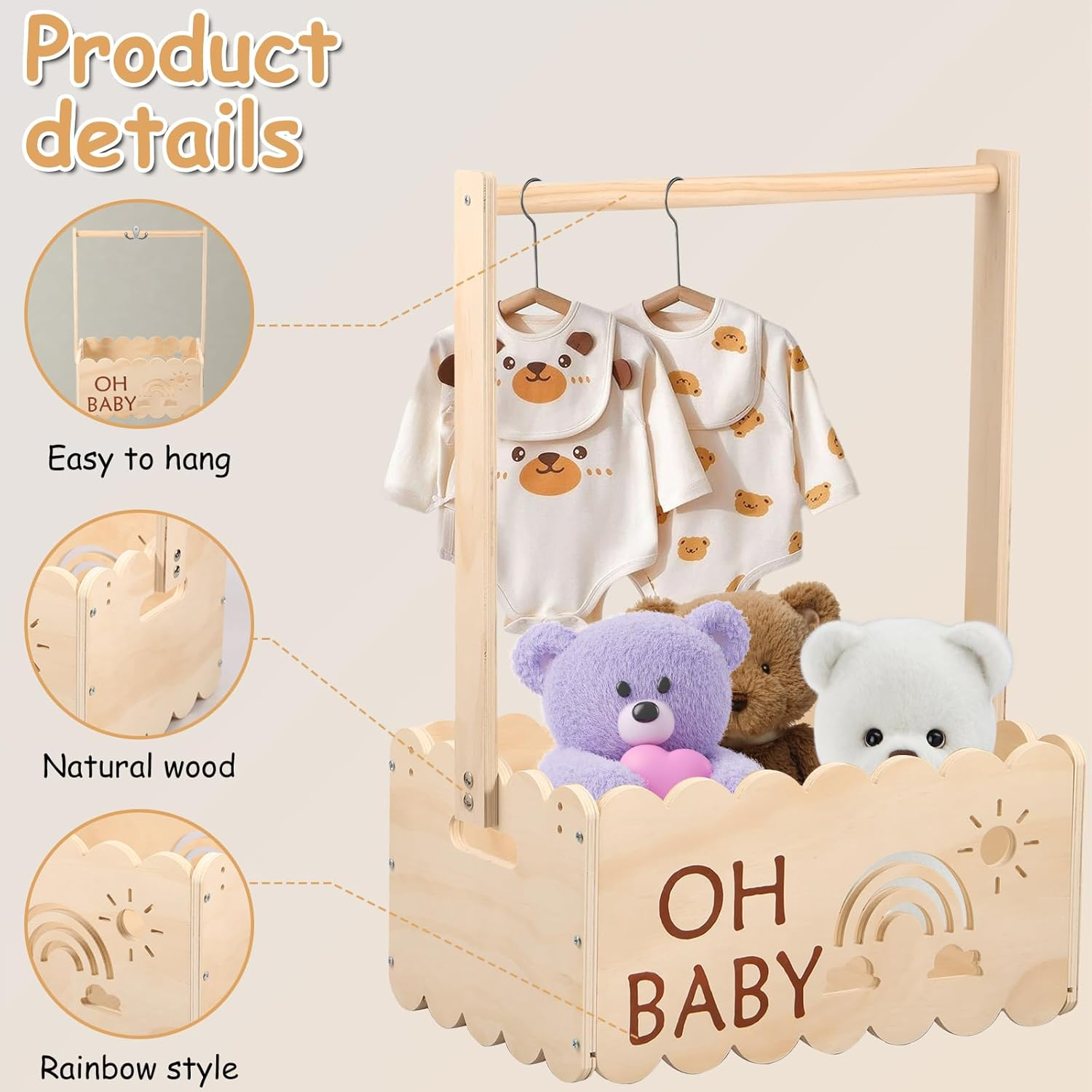 Awobepl Baby Shower Crate with Handle Wood Baby Crate Closet Cute Baby Hamper Basket Practical Baby Storage Crate for New Born Baby New Parents image number 2