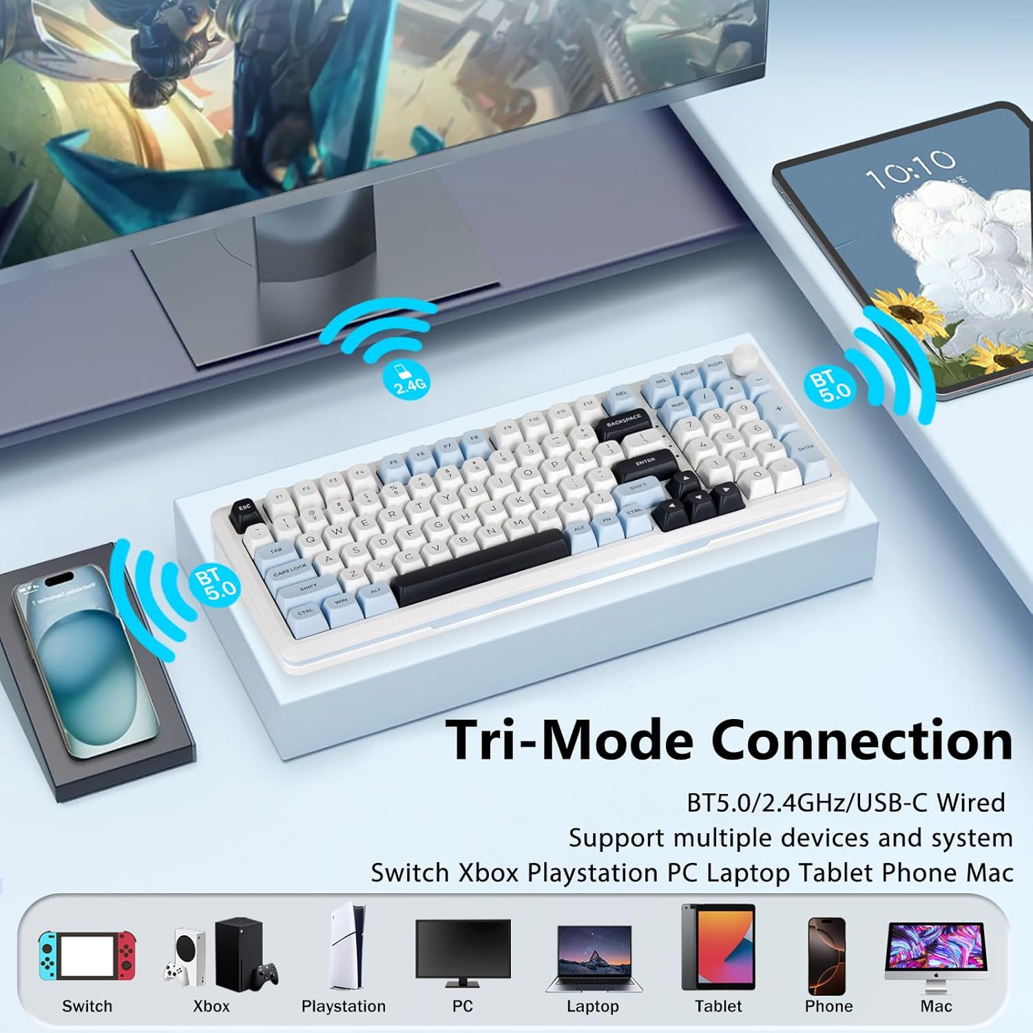 Z-98 Wireless Mechanical Keyboard, Creamy Sound, Hot Swappable Pre-Lubed Linear Switches, Gasket Structure with Sound Dampening Foam, RGB Backlit, 99 Keys Custom Gaming Keyboard for Pc/Mac,Blue image number 2