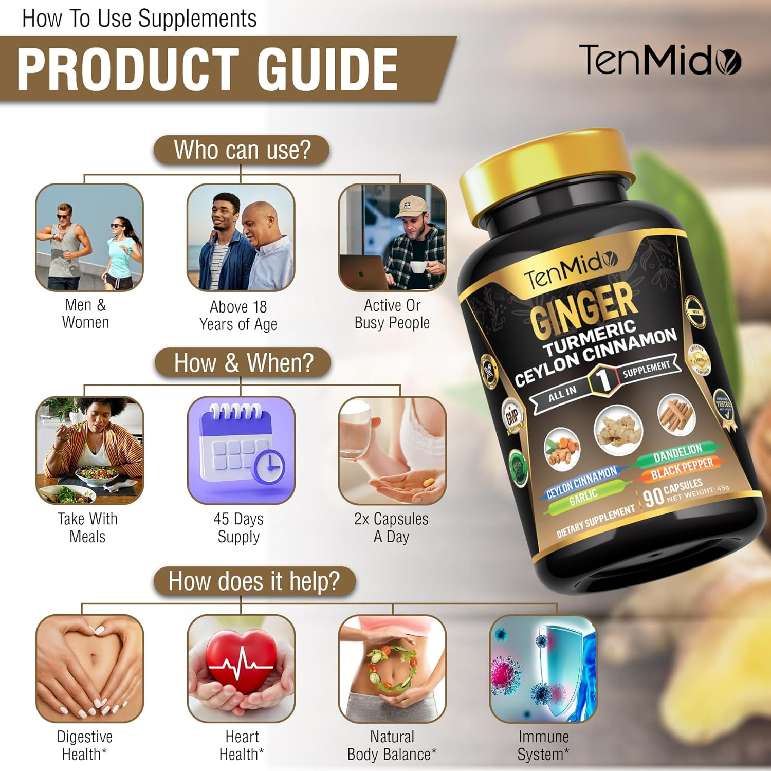 Tenmido Ginger & Turmeric Supplements - 6In1 with Ceylon Cinnamon, Garlic, Dandelion and Black Pepper - Digestive Health - 90 Vegan & Non-Gmo Capsules image number 1
