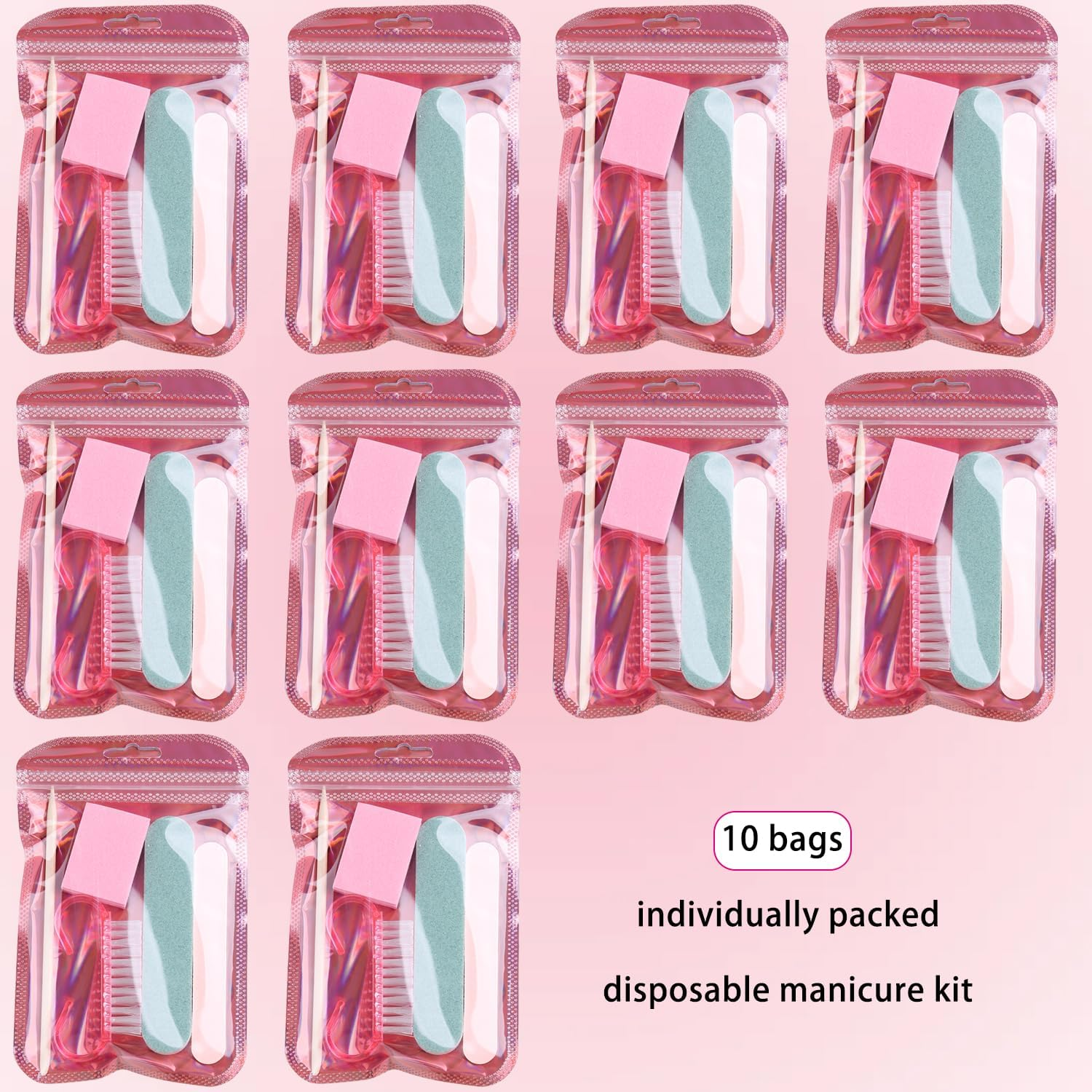 Fcozpjk Disposable Manicure Kit Basics 5PCS Nail Kit, Mini Nail Files Buffers Bulk Handle Grip Brush Orange Wood Stick Individually-Packed Pedicure Set for Fingernails Toenails Salon Supplies 10 Packs image number 2