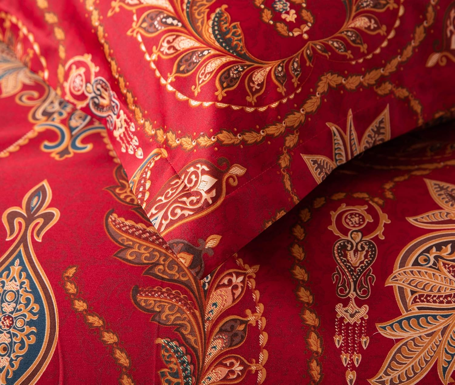 Eikei Italian Bohemian Paisley Duvet Cover 3Pc Set Boho Bedding Boteh Damask Medallion 400TC Egyptian Cotton Sateen Luxury European Traditional Style Bed Linen (Red Teal, Super King) image number 2