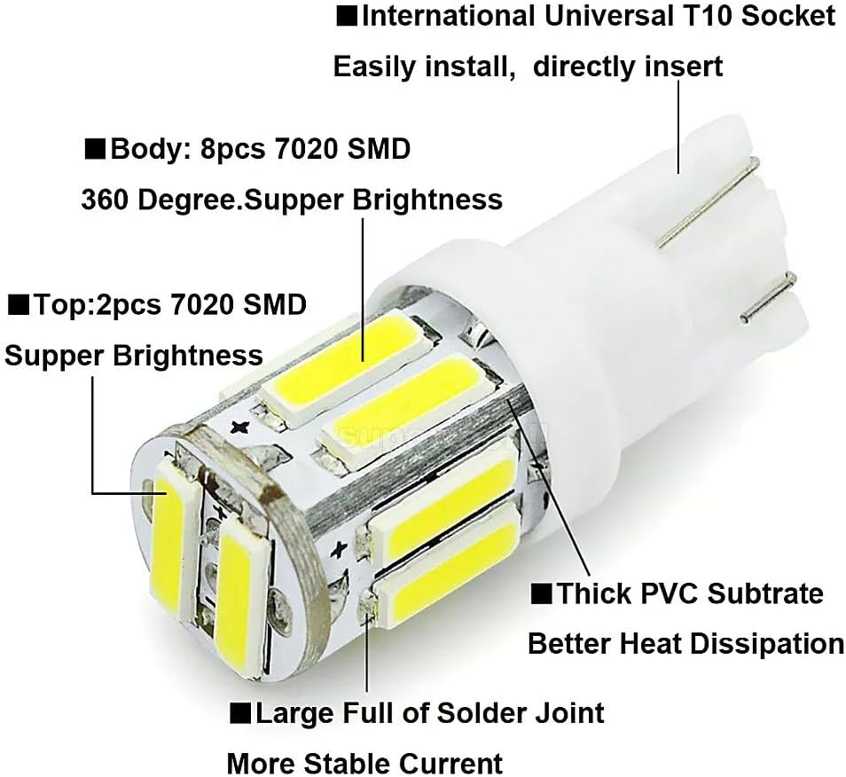 T10 LED Car Bulbs &ndash; 4 Pack Super Bright 10-SMD 7020 Wedge &ndash; 6000K White Interior Dome, Map, License Plate Lights &ndash; W5W Plug & Play Replacement [Fits 194/168/2825] image number 3