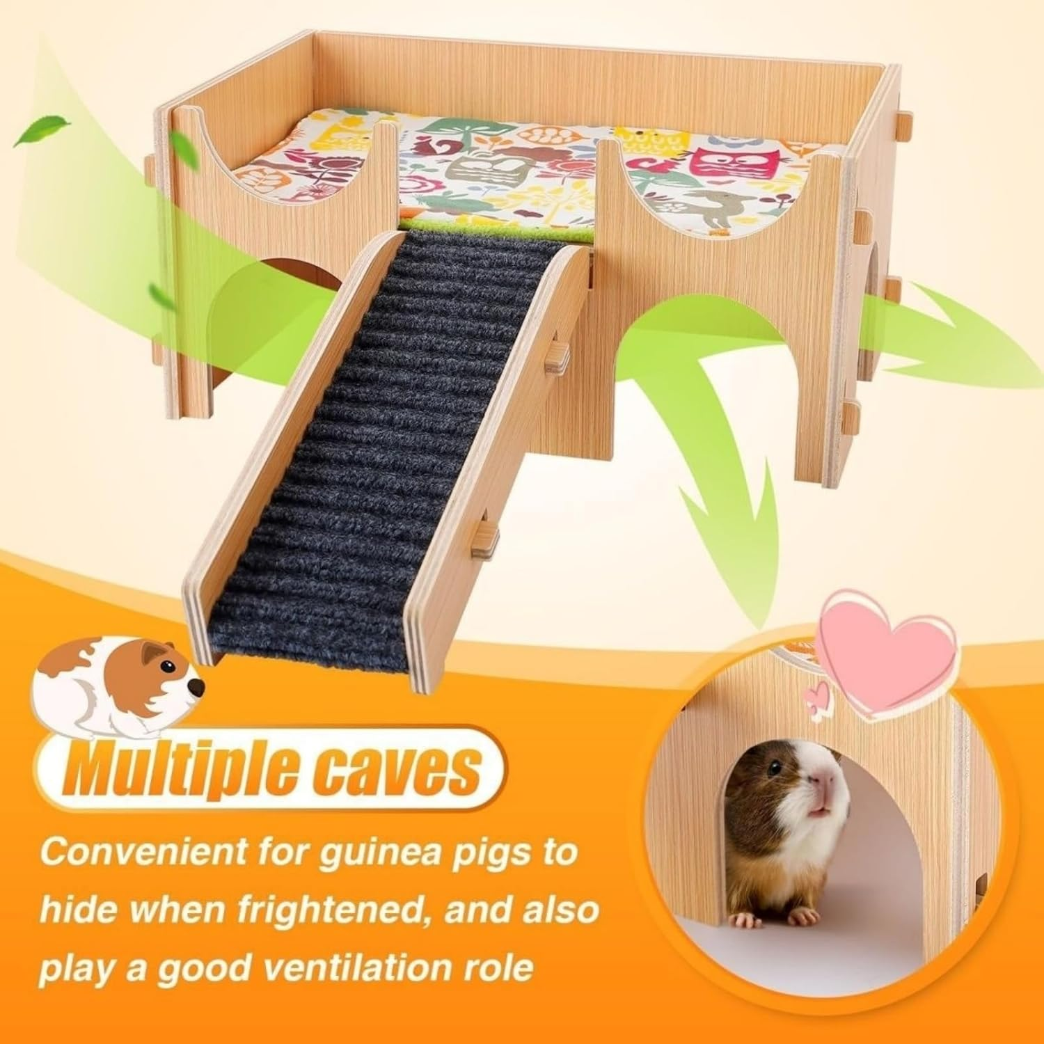Guinea Pig Hideout,Wooden Hamster Castle with Stairs,Small Animal Houses Habitats for Guinea Pigs Hamsters Bunny Chinchillas Hedgehogs 15L X 9.8W X 7.1H in (Light Wood)