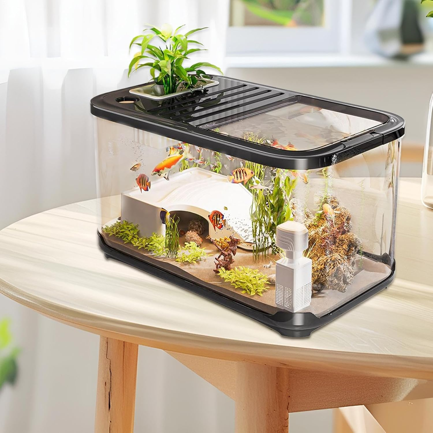 Fish Tank Starter Kit with Ventilation Holes - Fish Tank Setup Kit,Habitat with Stairs for Saltwater Freshwater Sand Shrimp Plant Decor Turtle Landscaping Aquatic Life image number 1