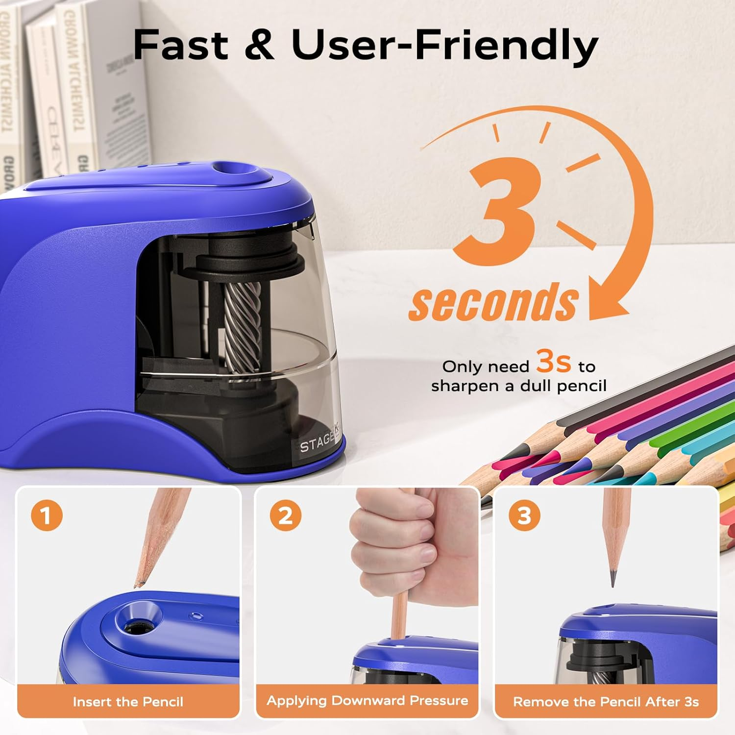 STAGEEK Electric Pencil Sharpener with Container, Battery Sharpener for 6-8 Mm Pencils/Colouring Pencils, Electric Sharpener with Box, Battery and USB Two Modes, Auto Stop, Office, Blue image number 6