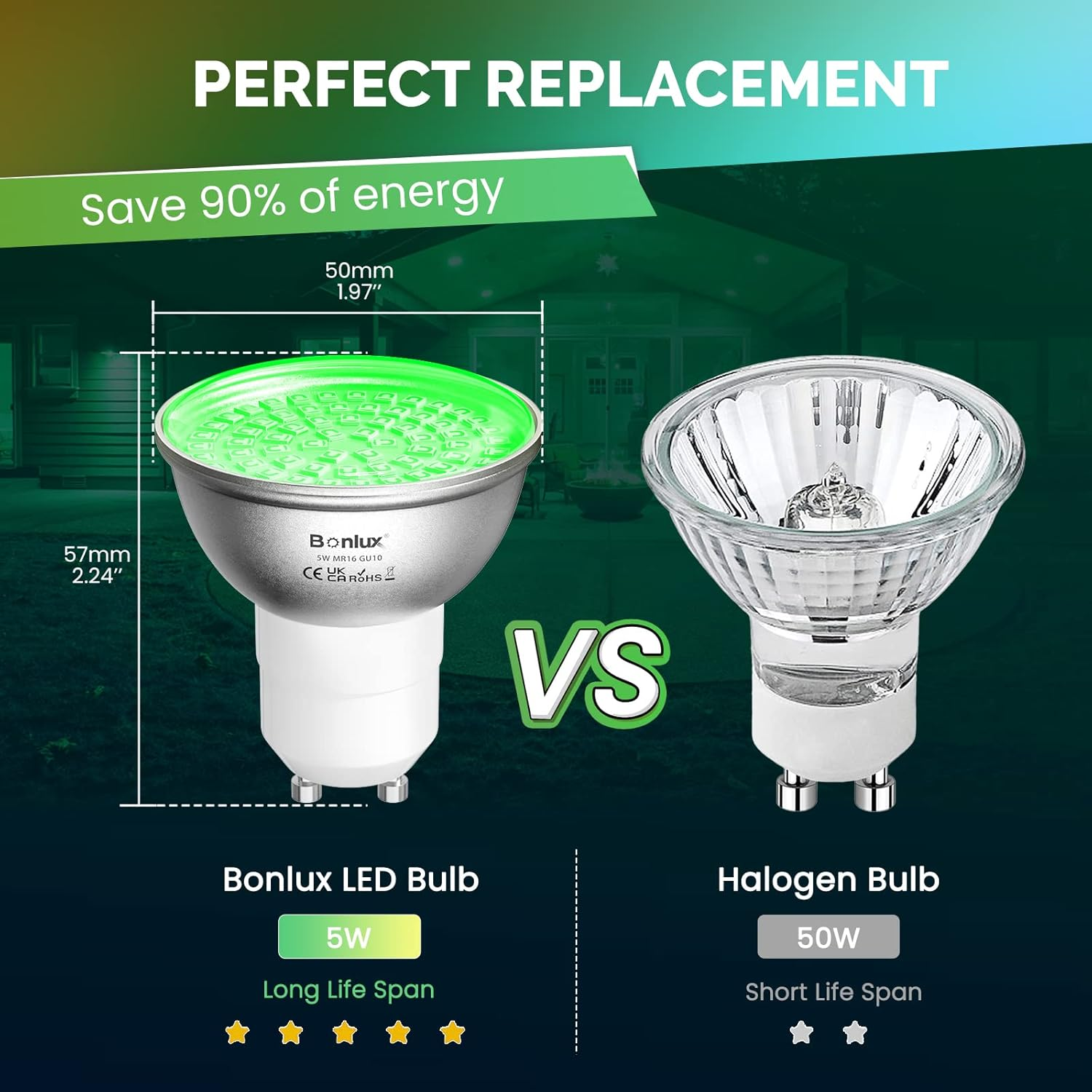 Bonlux GU10 LED Bulb Spotlight Green, 5W GU10 Spot Light Bulb,120 Degree Beam Angle, MR16 LED Spotlight Green Colour Bulb for Wall Washer Lamps,Landscape Lighting, 4-Pack image number 4