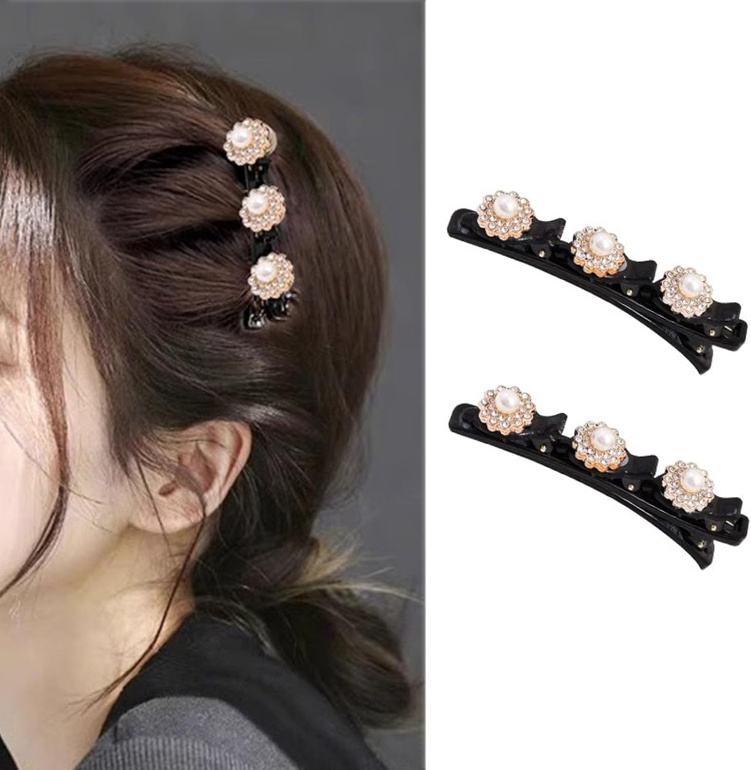Braided Hair Clips with Sparkling Crystal Stone and 3 Small Clips Beaded Hairpin Duck Bill Clip Braided Hair Clip with Rhinestones for Women as a Gift (Style: G) image number 5