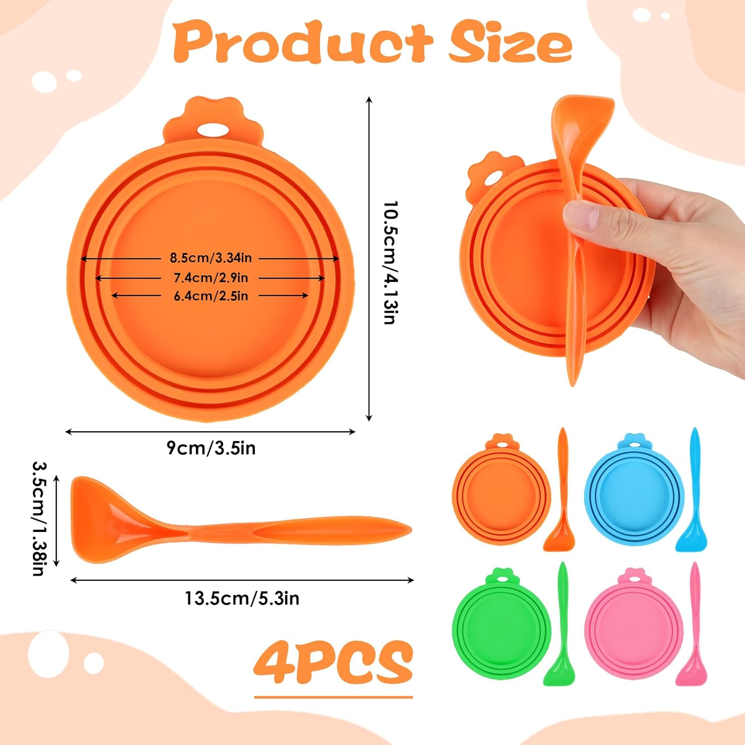 4 Pack Silicone Pet Can Covers with Spoons - 1 Fit 3 Standard Size Cans with Universal Dog Cat Food Can Cover, Includes Silicone Pet Can Lid, BPA Free & Dishwasher Safe (Blue/Pink/Green/Orange) image number 5