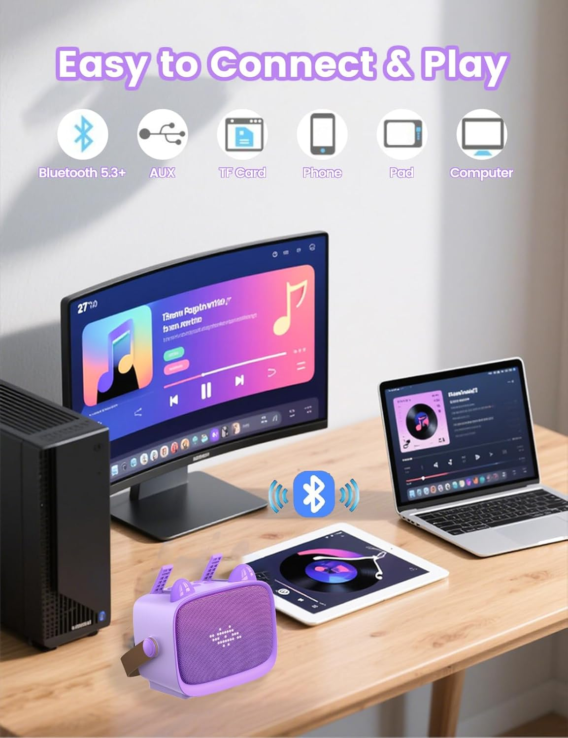 ZONEY Mini Karaoke Machine for Kids, Portable Bluetooth Karaoke Speaker with 2 Wilreless Microphones with LED Lights, Birthday Kids Toys Gifts for Girls Boys 4, 5, 6, 7, 8, 9, 10 +Year Old, Purple - Purple image number 5