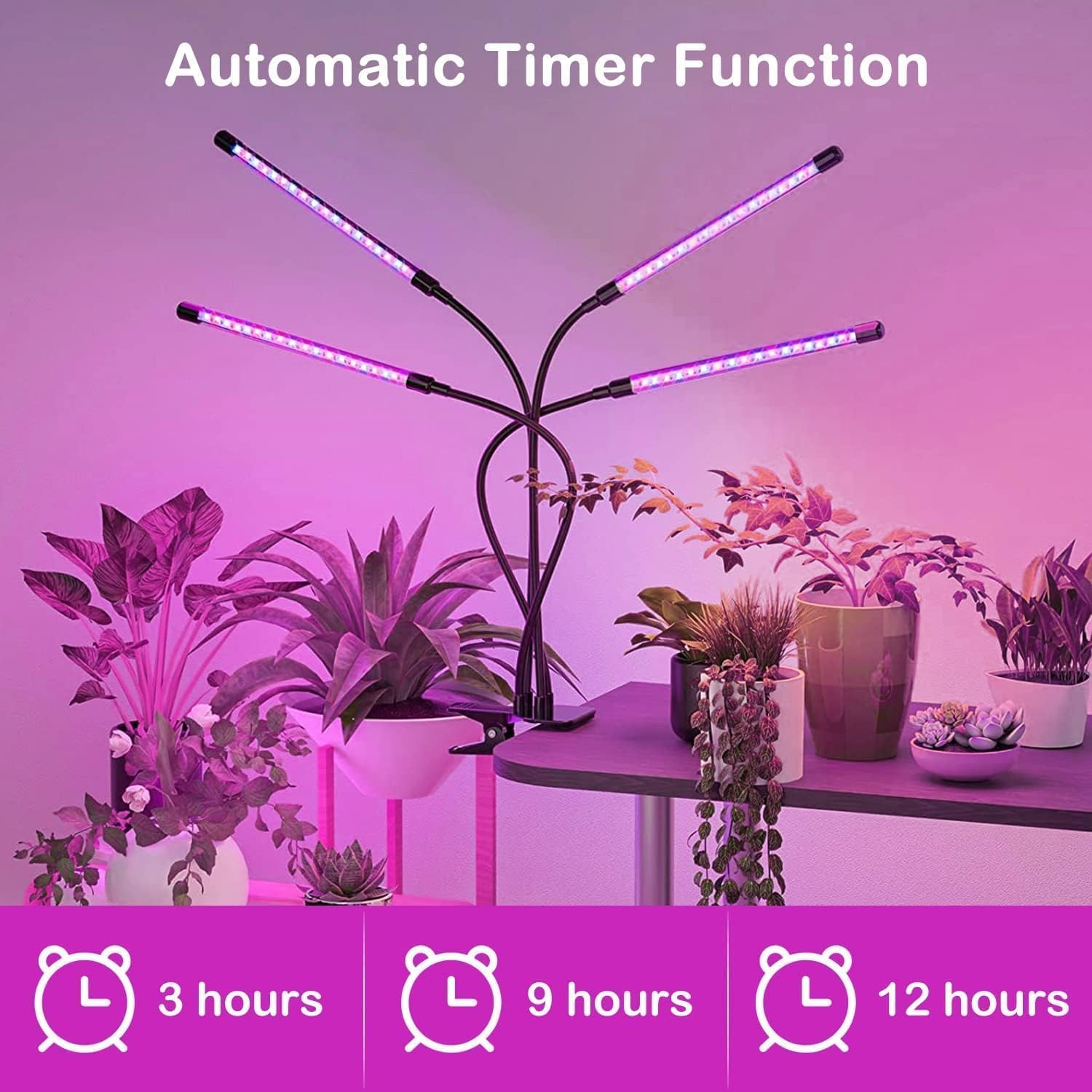Grow Lights for Indoor Plants, Full Spectrum Plant Light with Timer 3/9/12H, 4 Adjustable Heads & 3 Modes, 360&deg; Flexible Neck for Seedlings, Succulents, Hydroponics (Black) image number 3