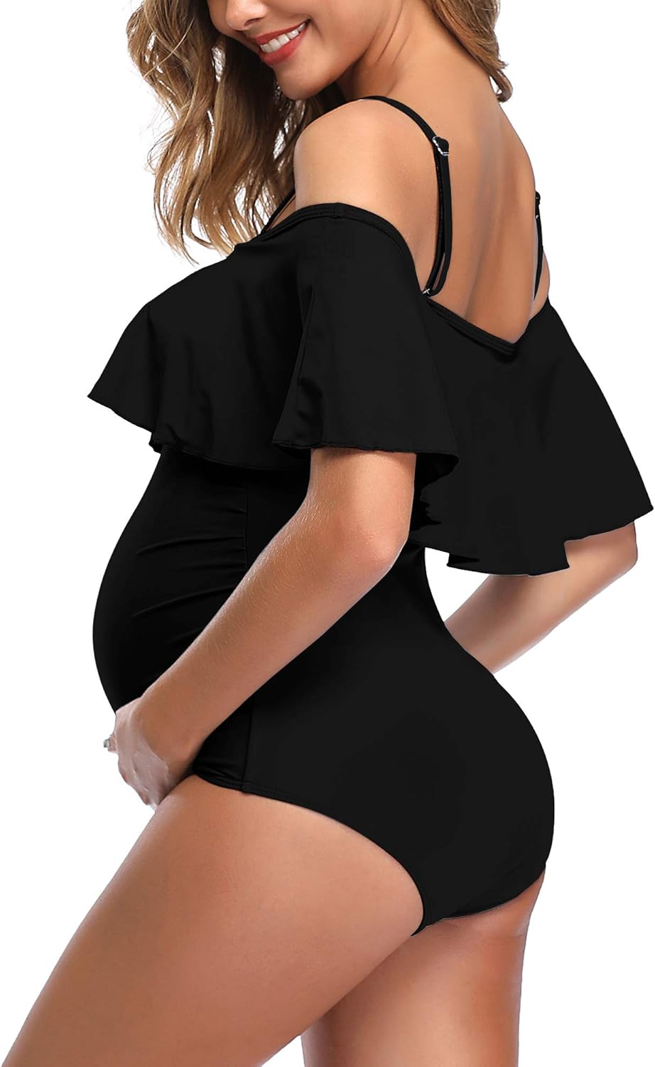 Summer Mae Women'S Maternity Tummy Control Swimsuit Ribbed One Piece Bathing Suit Button Neck Swimwear