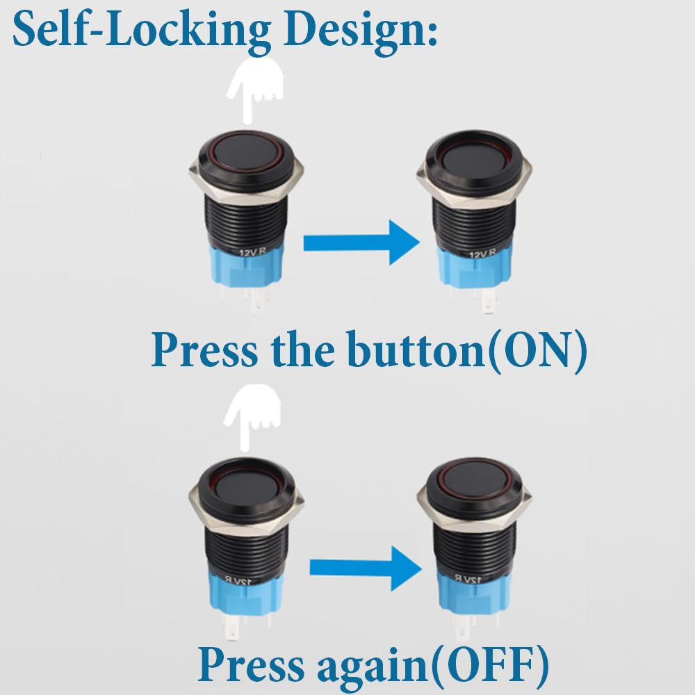 Yakamoz 2Pcs 16Mm Waterproof Latching Push Button Switches, 12V Self-Locking Button on off with Sockets Red LED Wiring Harness for Automotive, Marine, Industrial Machinery and DIY. image number 4