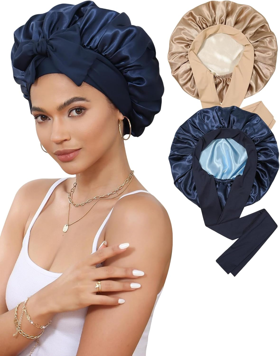 HAYAHARU 2 Pcs Silk Bonnet for Sleeping, Women Satin Bonnet, Silk Sleep Cap Double Layer Hair Hat with Tie Band, Elastic Wide Band Sleep Cap for Natural Curly Braids Hair