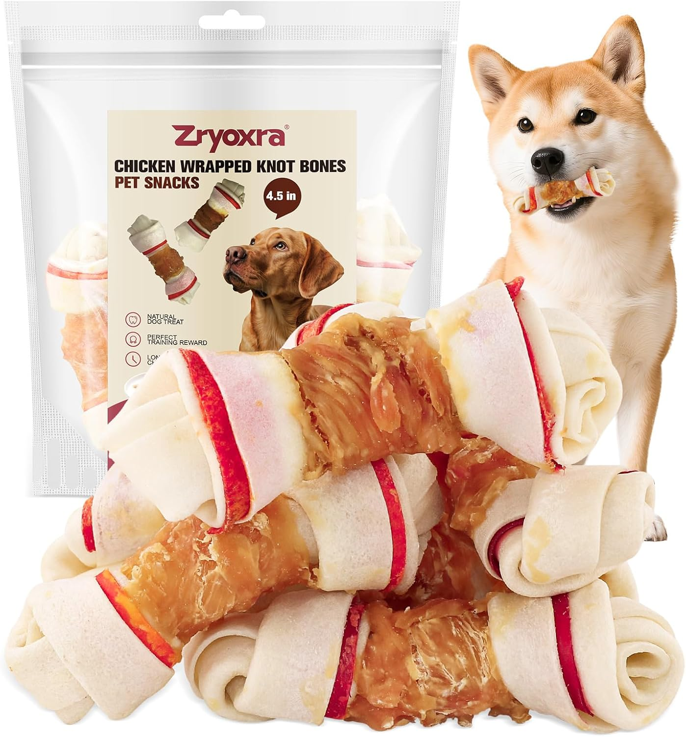 Dog Treats Chicken Wrapped Rawhide Bones,Long Lasting Chicken Wrap Knotted Bones Dog Chews 4.5"，Digestion-Friendly Training Treats for Middle Large Dogs(200G) image number 2