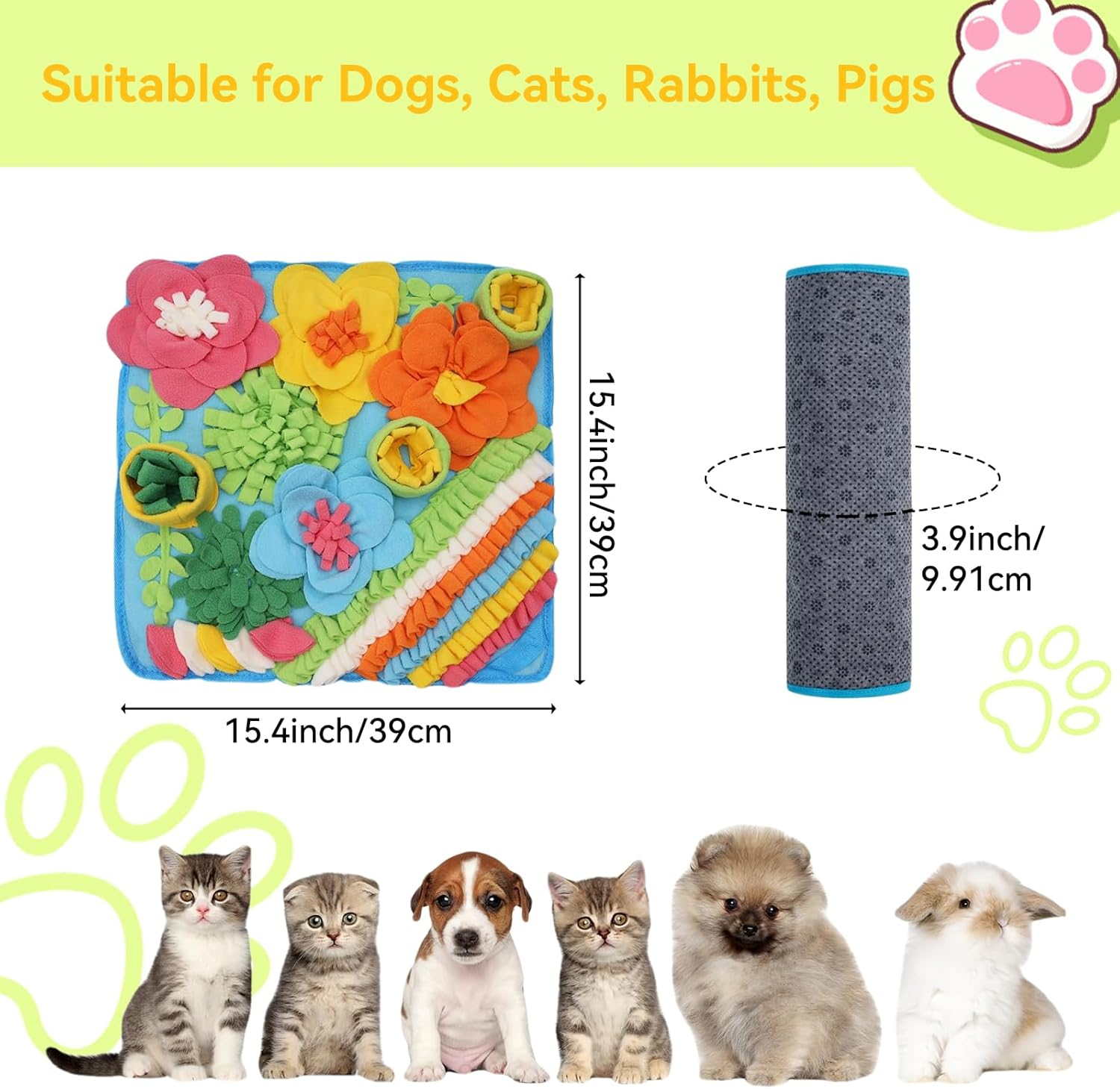 VCCLFSIA Snuffle Mat for Dogs, Sniff Mat Slow Feeding Mat for Small Pets, Cats, Rabbits, Puppy Snuffle Mat Encourages Natural Foraging Skills for Small Dogs Cats (15.4 X 15.4In/39Cm X 39Cm) image number 1