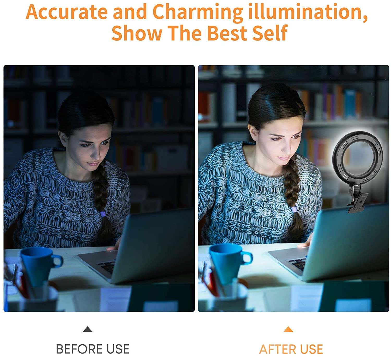 Video Conference Lighting Kit, Ring Light Clip on Laptop Monitor with 5 Dimmable Color & 5 Brightness Level for Webcam Lighting/Zoom Lighting/Remote Working/Self Broadcasting and Live Streaming, Etc. image number 4