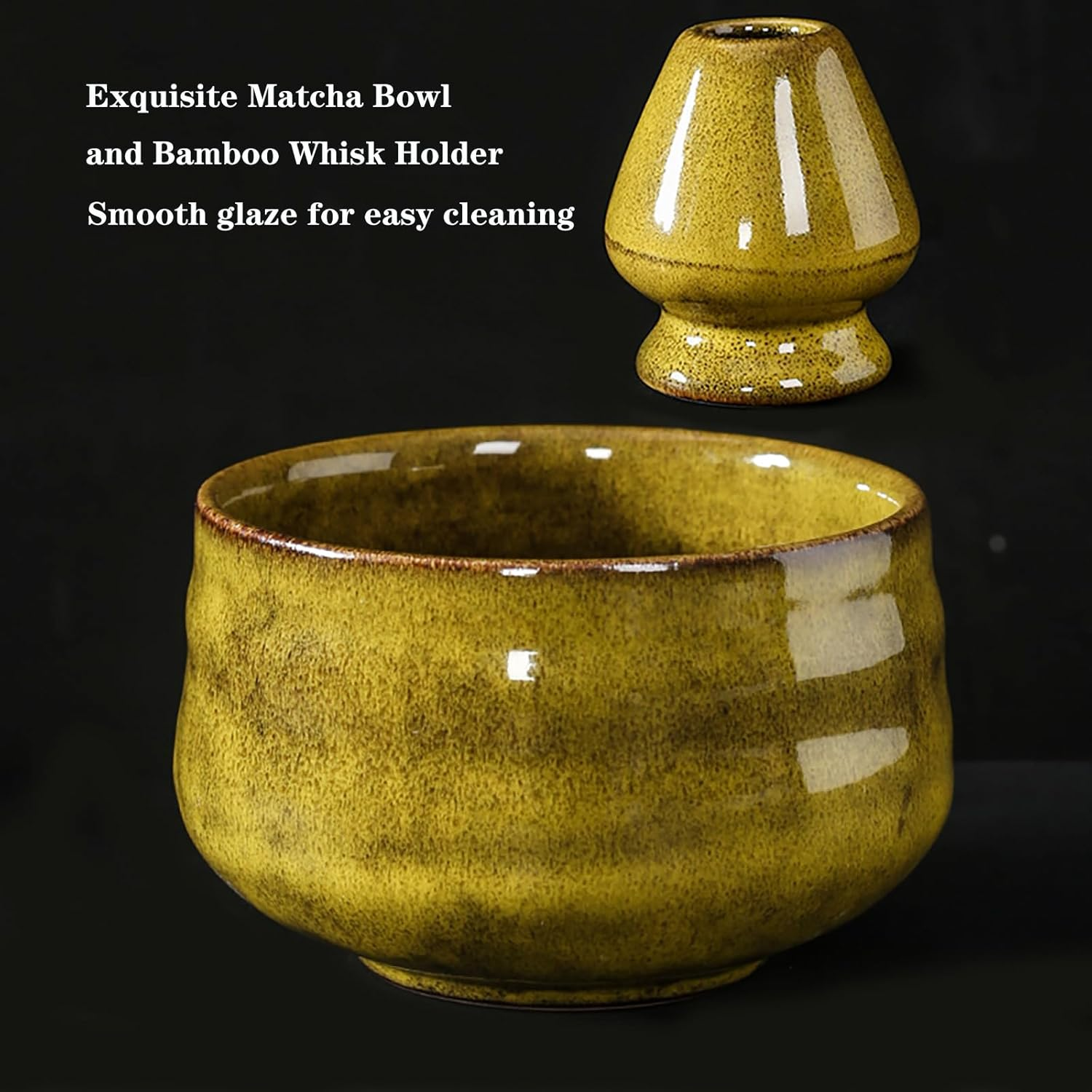 Japanese Matcha Tea Set with Whisk and Bowl (7Pcs) - Accessories, Latte Kit, Bamboo Whisk Stand - Perfect for Tea Ceremony (Kiln Glaze-Yellow) image number 6