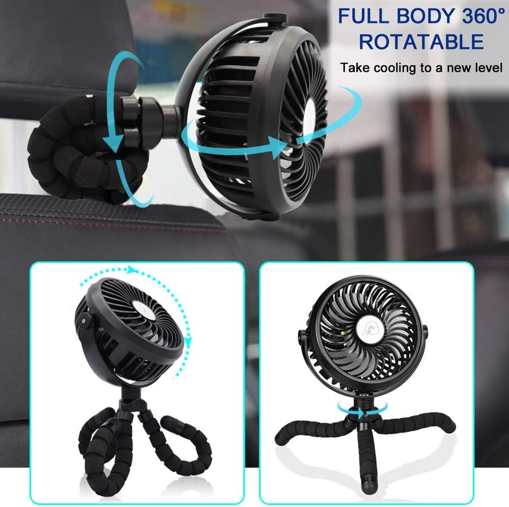Portable Battery Powered Stroller Fan,Mini Handheld Personal USB Fan,Car Seat Baby Fan with Flexible Tripod,360&deg; Rotatable Ultra Quiet Desk Fan with LED Light for Stroller/Bike/Camping/Bbq/Gym image number 2