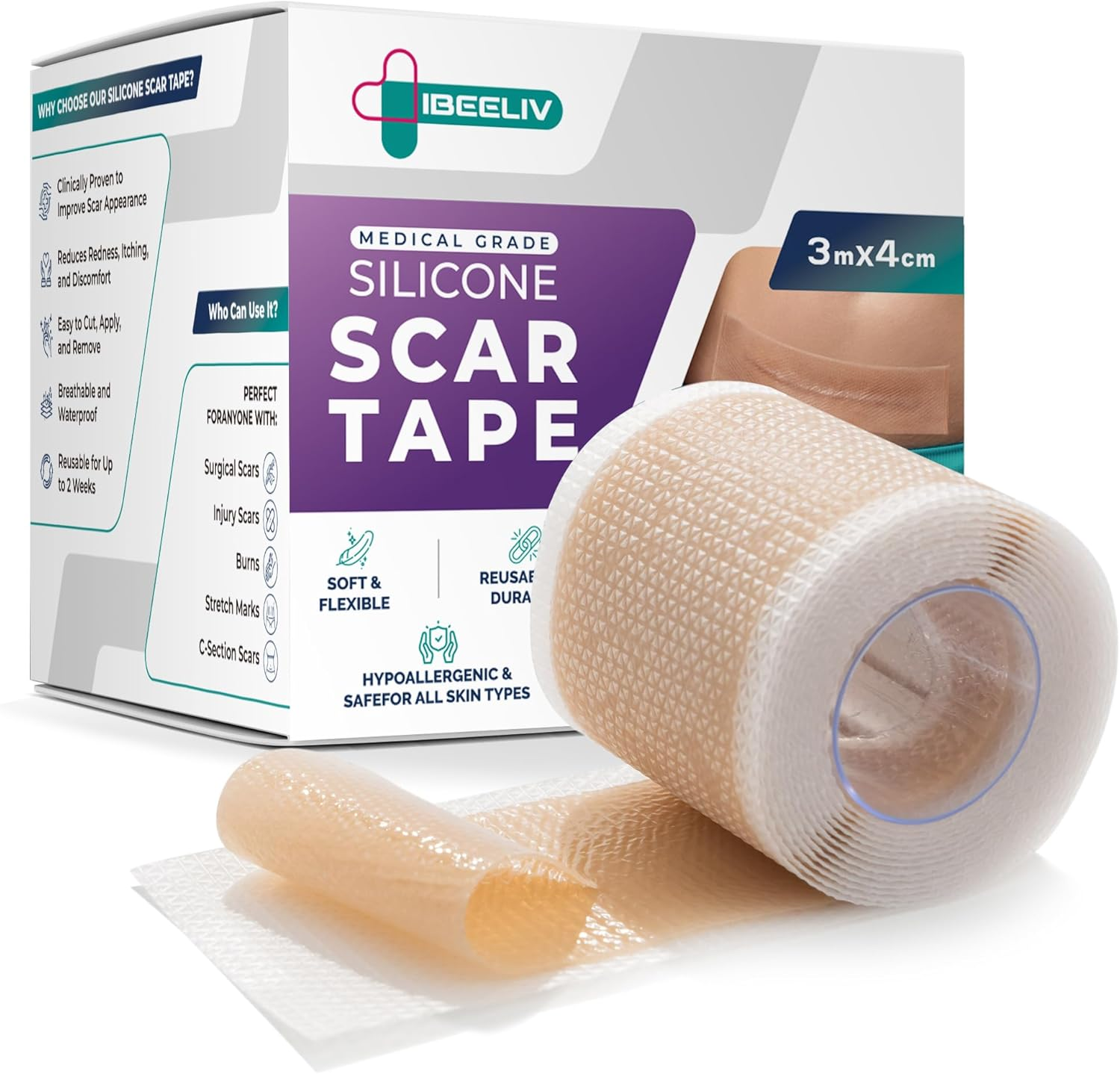 Silicone Scar Tape for Surgical Scars: 3 Meters Scar Gel Sheets for C-Section Tummy Tuck Recovery and Treatment &ndash; Reusable Scar Strips for Keloid Burn Scars Removal (1.6'' X 120'' Roll-3M) image number 1