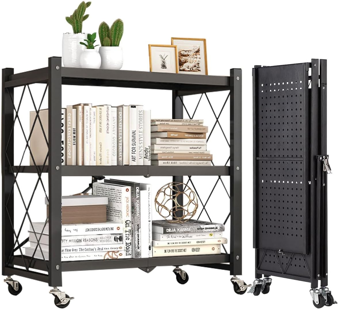 3-Tier Foldable Storage Shelf with Wheels - Metal Collapsible Shelving Unit Display, Rolling Cart for Books Kitchen Storage Shelves - Black image number 1