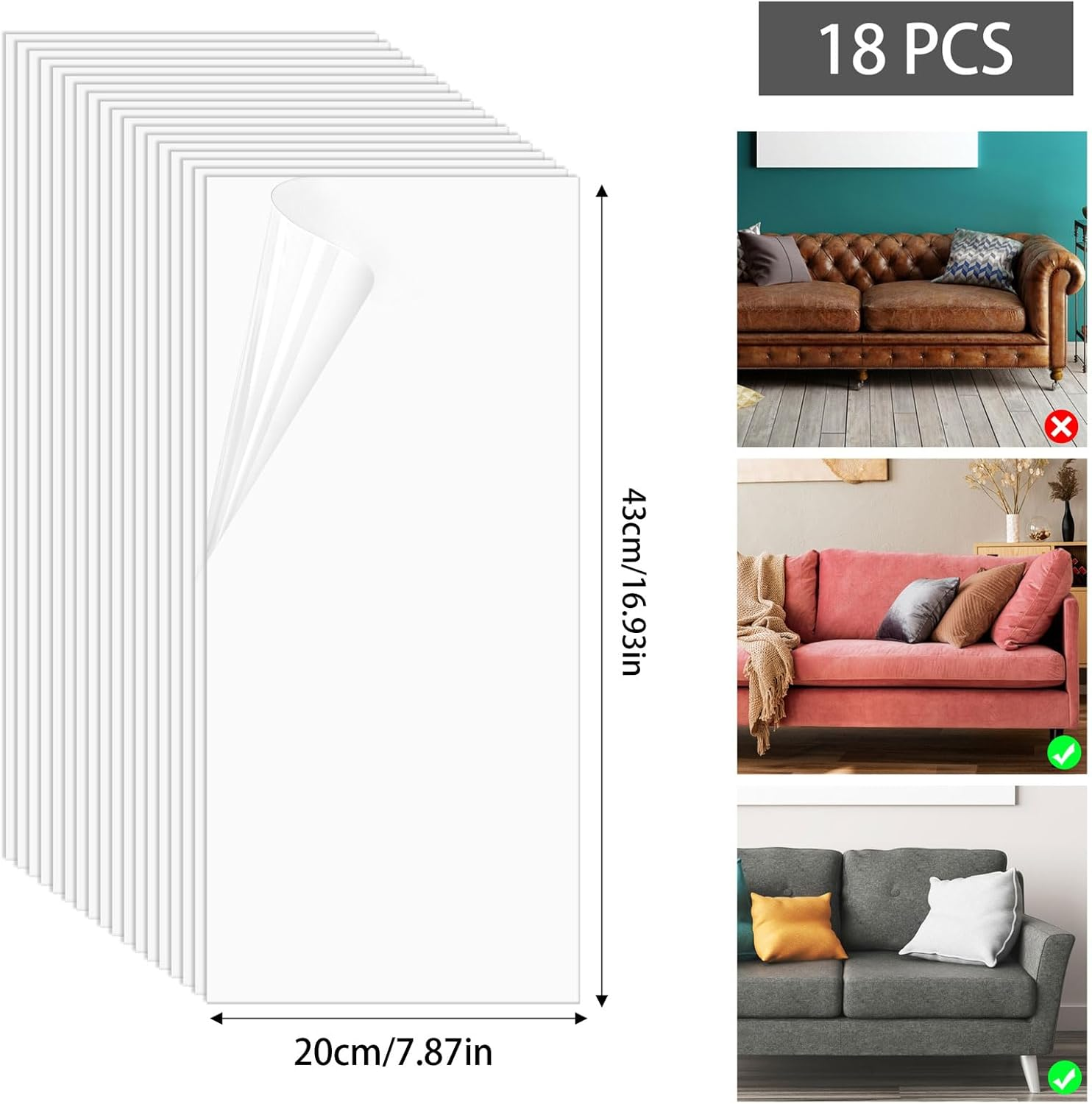 Scratch Protection Cat Tape, Set of 18 Cat Scratch Protection Sofa, Transparent (20 Cm X 43 Cm), Scratch Film, Cat Self-Adhesive Scratch Protection Wall, Scratch Protection Film for Furniture, Couch, image number 6