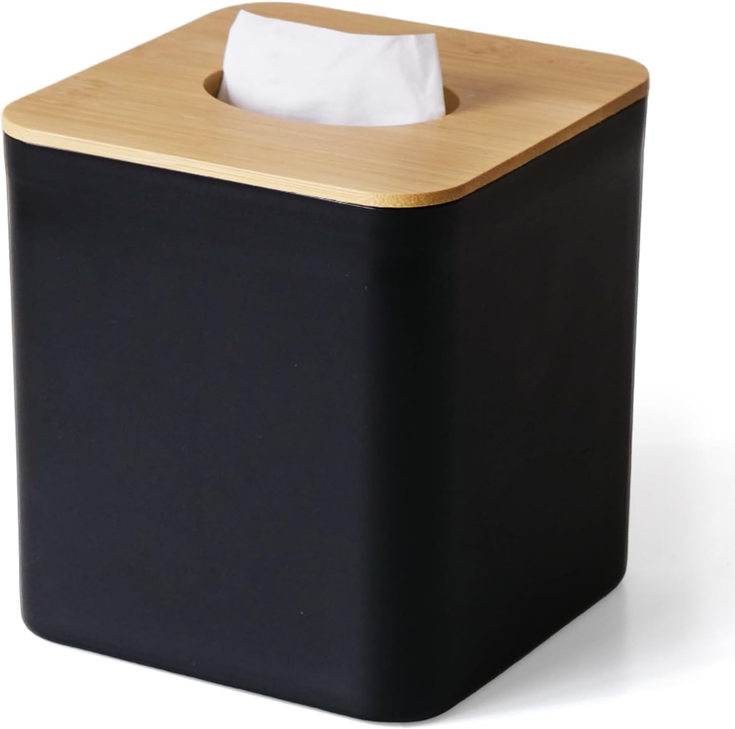 Tissue Box Cover Square, Black Tissue Box Holder with Bamboo Cover Plate, Cube Tissue Box Cover for Desk Accessories, Tissue Holders Decorative Square Tissue Box Tissue Holders for Bathrooms Bedrooms image number 6