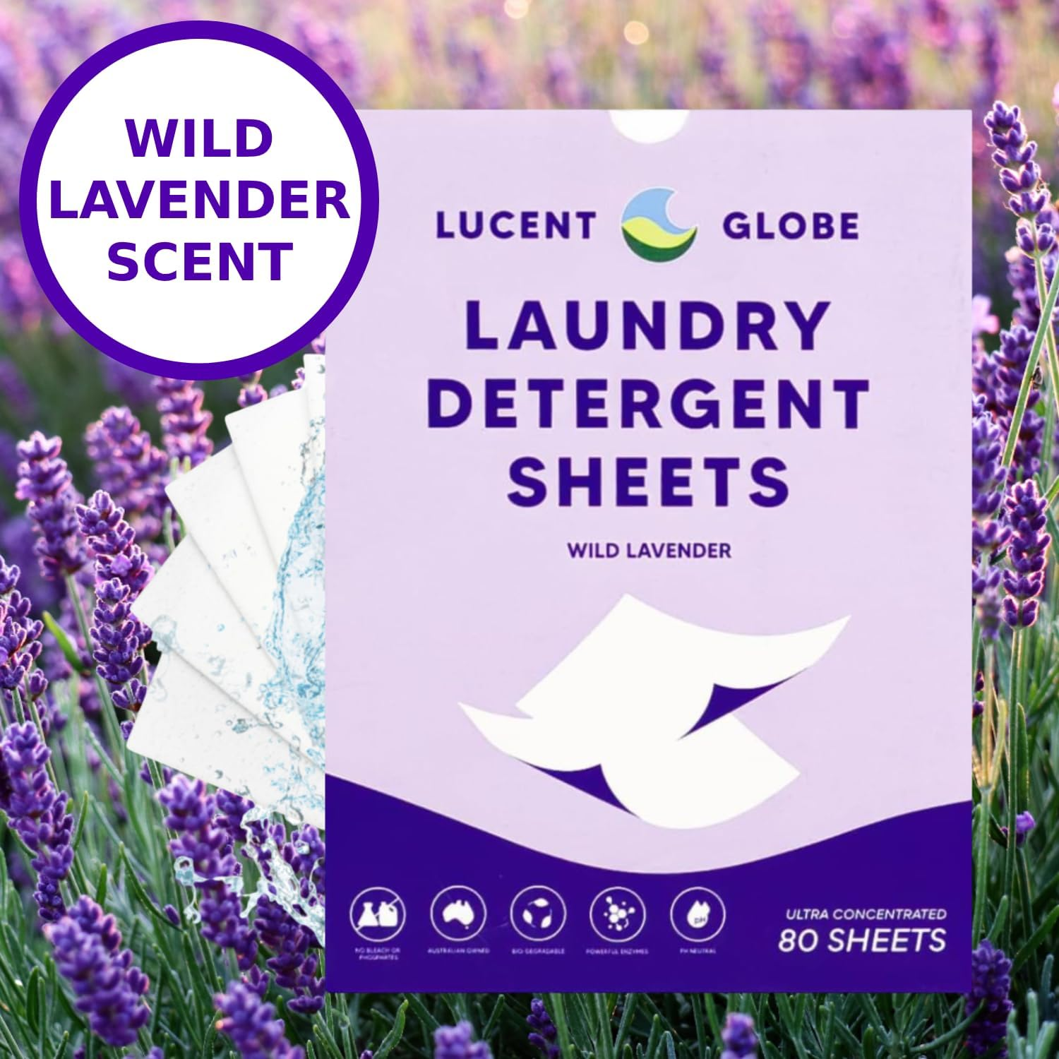 Lucent Globe Laundry Detergent Sheets &ndash; Lavender Scent &ndash; 80 Count &ndash; Eco-Friendly, Plastic-Free, Pre-Measured, Zero Mess &ndash; Limited Edition Laundry Sheets for All Machines image number 3