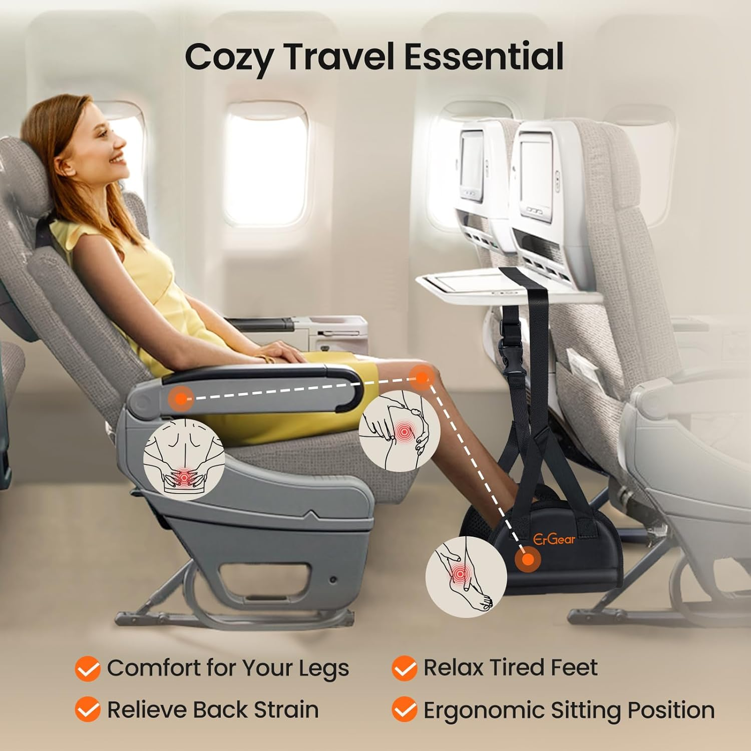 Ergear Foot Hammock for Plane, Wide Airplane Foot Rest with Hardboard Support, Portable Adjustable Foot Hammock, Travel Accessories for Long Flight