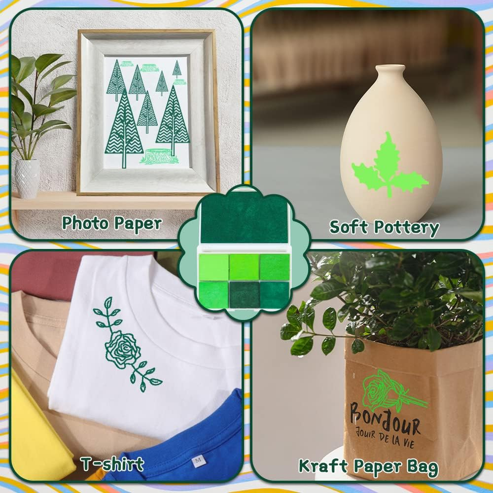 7 Colors Washable Ink Pad - Large & Small Sizes for Stamp, Finger, DIY Craft, Paper & Wood - Multi Colored Finger Ink Pad with Glitter (Green) image number 2