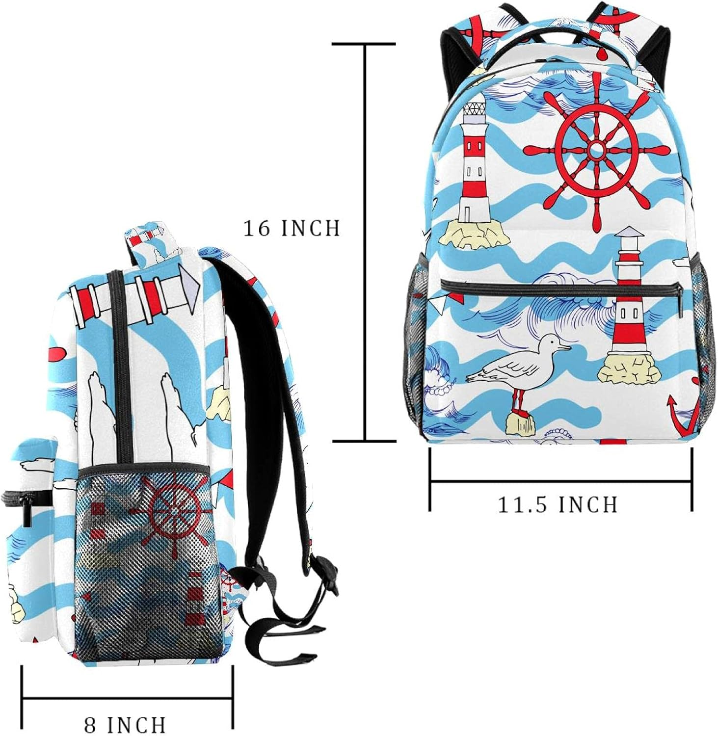 Nautical Travel Sea and Ocean Wheel Lighthouse Backpack Students Shoulder Bags Travel Bag College School Tote Backpacks image number 3