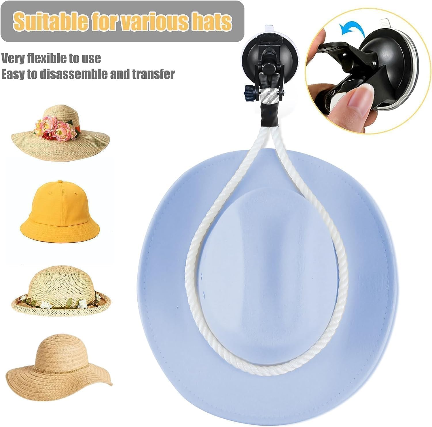 Cowboy Hat Holder Rack with Suction Cup for Vehicles, Keeps Hat Securely on Dash, Universal Interior Accessory for Trucks, Suvs, Cars - Black image number 6