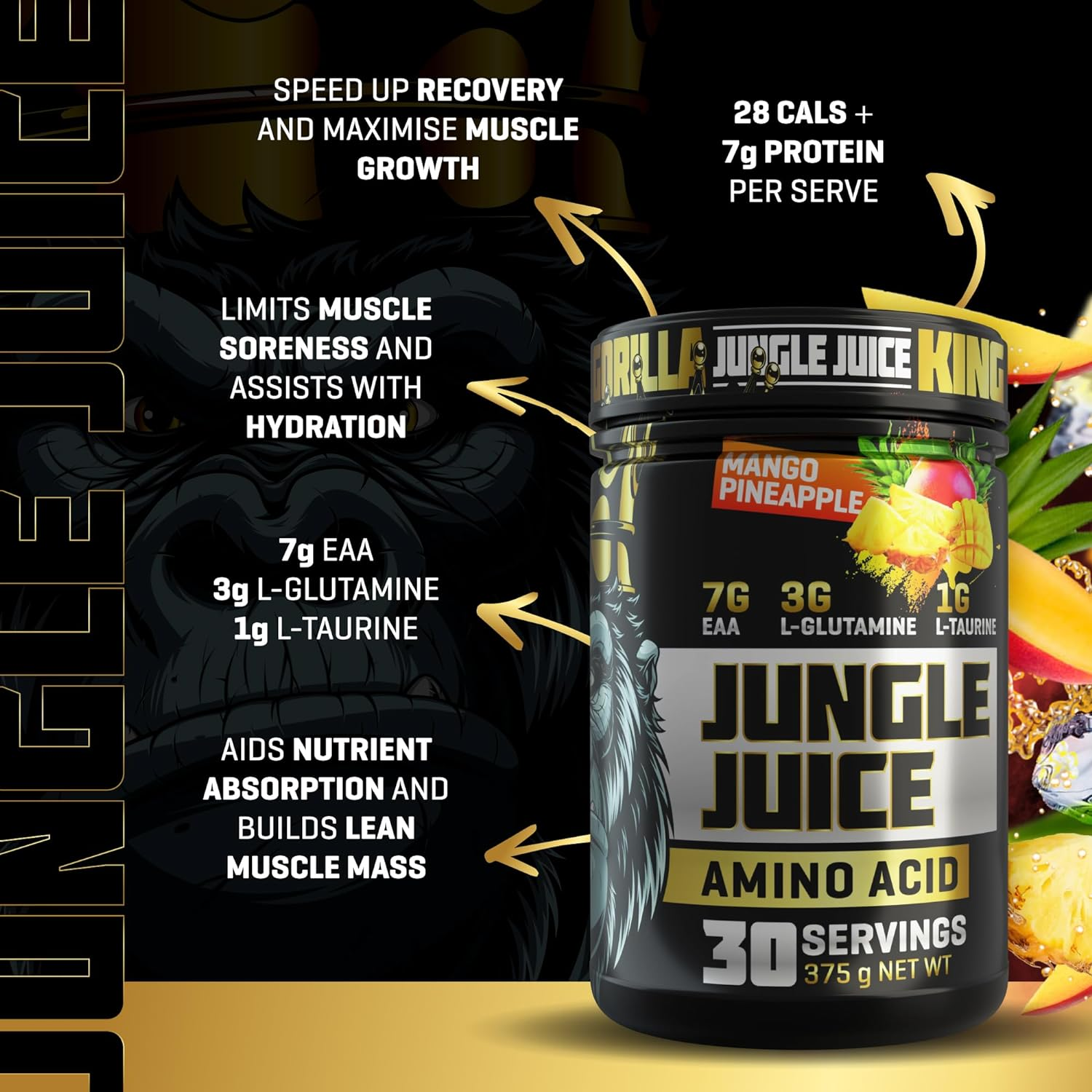 Gorilla Warfare Jungle Juice - Mango and Pineapple Flavour - Amino Acid - 7G Eaa - 3G L-Glutamine - 1G L-Taurine - Reduce Muscle Soreness image number 4