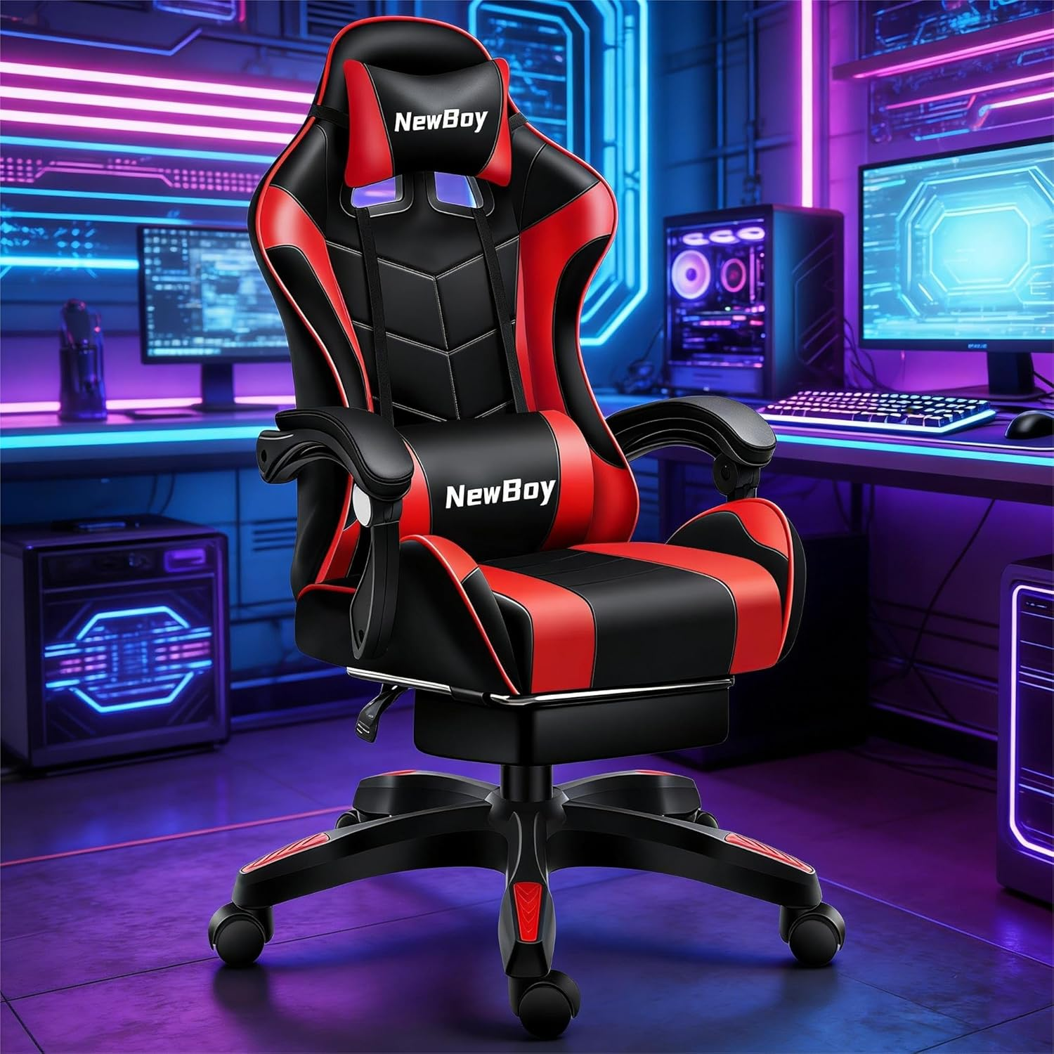 Gaming Chair, Ergonomic Office Chair - PU Leather Reclining Chair with Footrest, Headrest and Lumbar Support, Height-Adjustable, Suitable for Gaming/Office Scenarios (Model 13, Black and White)