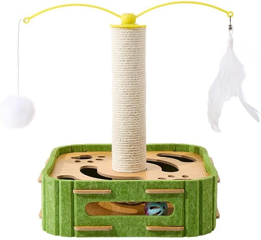 Cat Scratcher with Sisal Post and Interactive Maze Box &ndash; Rotating Teaser Wand, Wooden Base + Felt Material Puzzle Toy for Indoor Cats Play, Base Size 11.8"*11.8" (30 * 30Cm) Height 13.5" (35Cm) image number 5