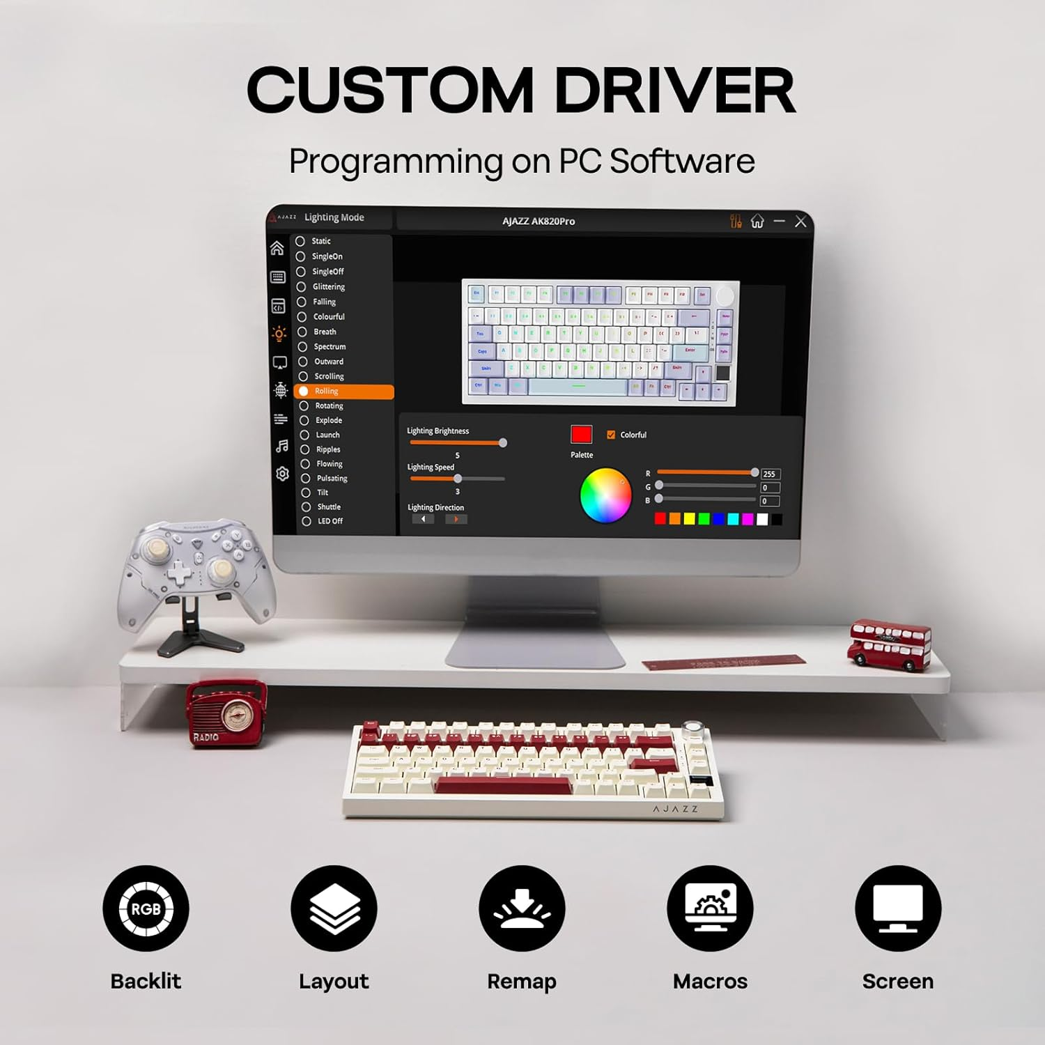 EPOMAKER Ajazz AK820 PRO Wireless Gaming Keyboard with TFT Screen and Knob, Hot Swappable, 2.4Ghz/Usb/Bt5.0, 75% Mechanical Keyboard for Pc/Mac/Office/Gaming (Beige, Dreamy Switch) image number 4