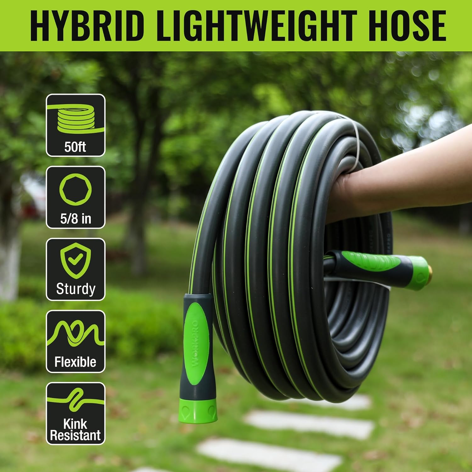 WORKPRO 5/8 in X 50 FT Garden Hose, Heavy Duty, Flexible, Lightweight Water Hose with 360&deg; Bi-Material Rotation Handle, 3/4" GHT Solid Brass Fittings, for Outdoor, Lawn, Garden & Yard, Car Wash image number 5