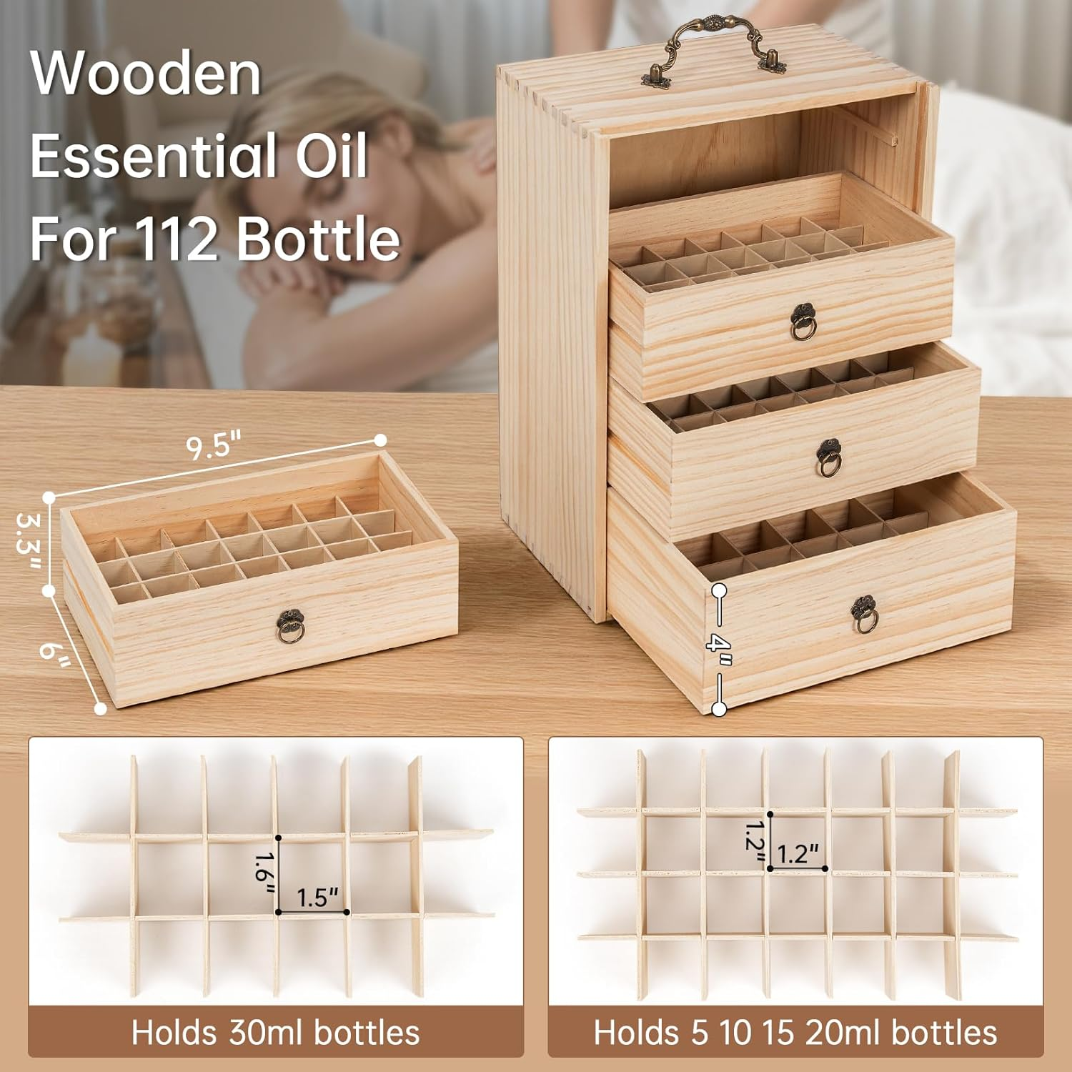 TORIBIO Essential Oils Box for 112 Bottles, Wooden Essential Oils Storage Organizer Holds 5 10 15 20 30 Ml for Young Living & Doterra Bottles image number 4