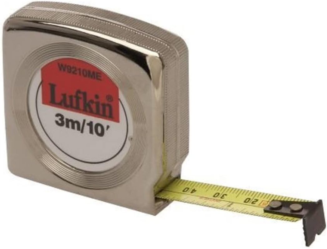 Lufkin Crescent 1/2" X 3M/10' Mezurall Chrome Case Sae/Metric Yellow Clad Power Return Tape Measure - W9210ME