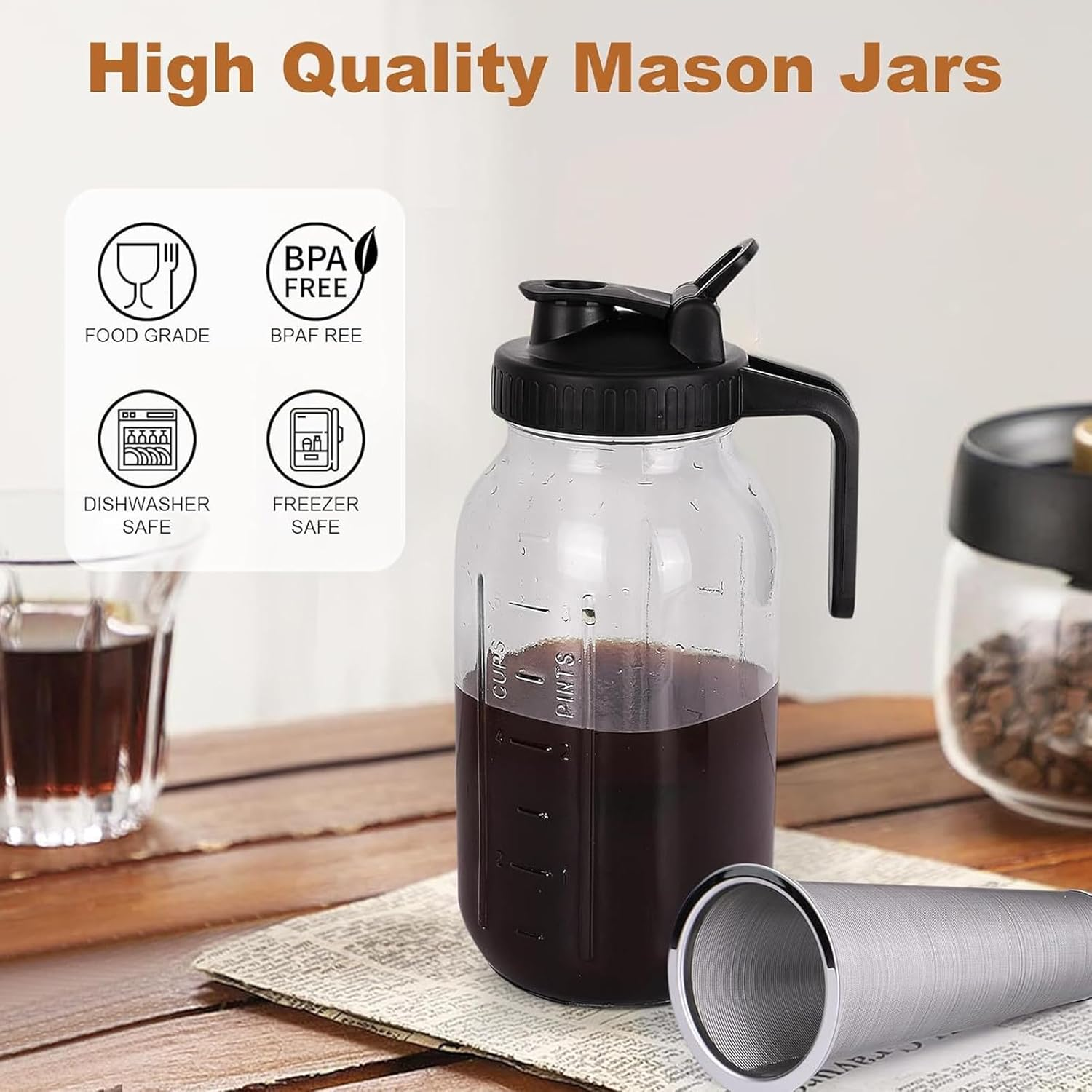 Bewinner Cold Brew Coffee Machine, Thick Cold Brew Jug Made of Glass, Jug for Iced Coffee Maker with Stainless Steel Filter, Leak-Proof Lid for Iced Coffee Lemonade (2000 Ml) image number 1