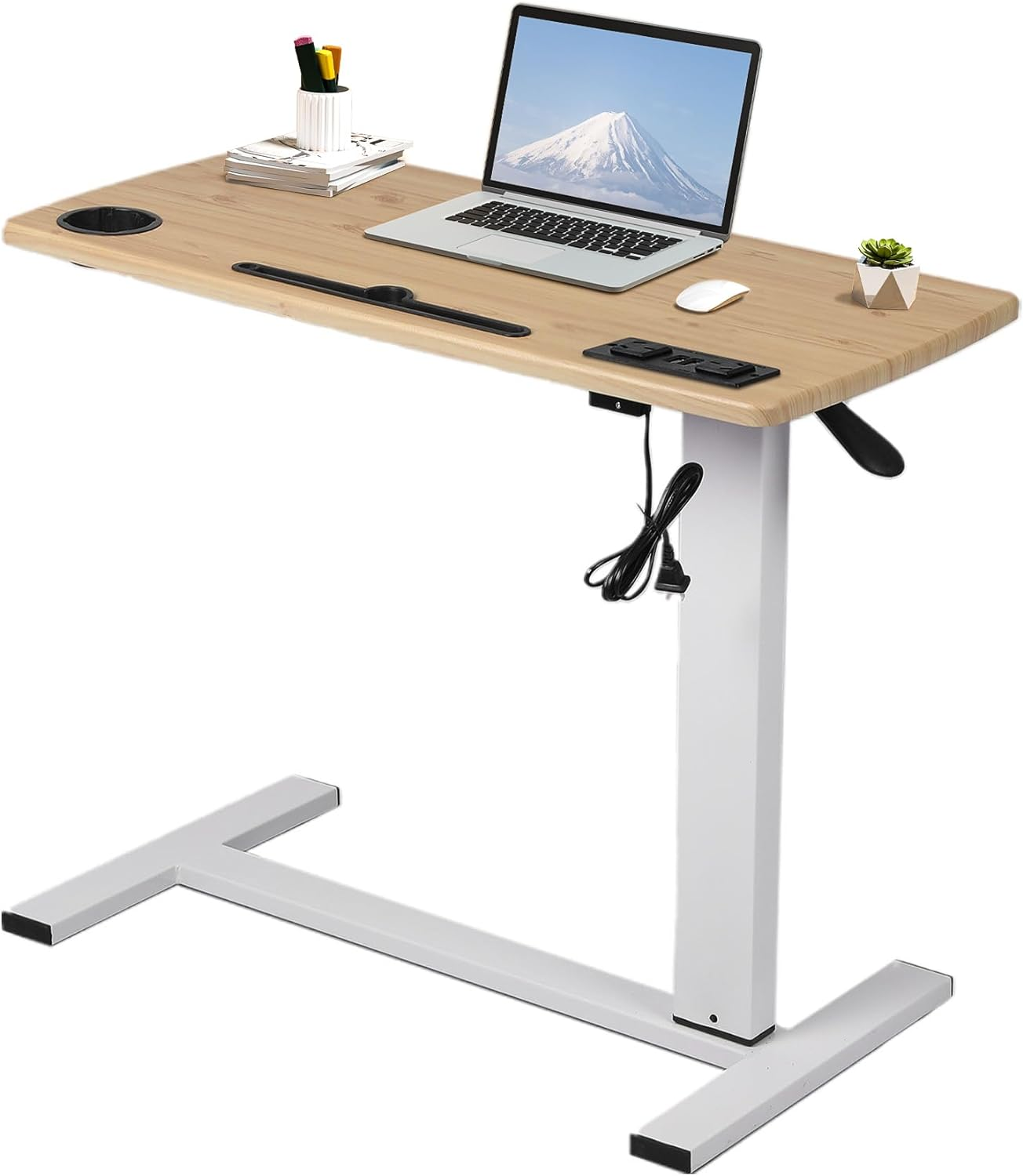 LEVEDE Mobile Standing Desk with USB Charge, Rolling Laptop Cart Height Adjustable, Gas Lift Bedside Table, Sit to Stand Computer Desk with Hidden Wheels Overbed Table for Home,Office,Medical (White)