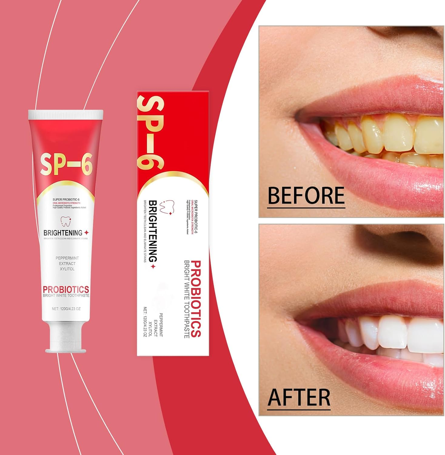 2PCS SP-6 Probiotic Whitening Toothpaste - Enamel-Safe Formula with 6 Probiotics for Teeth Brightening,Gum Health & Fresh Breath,Fluoride-Free,Mint Flavor,120G image number 4