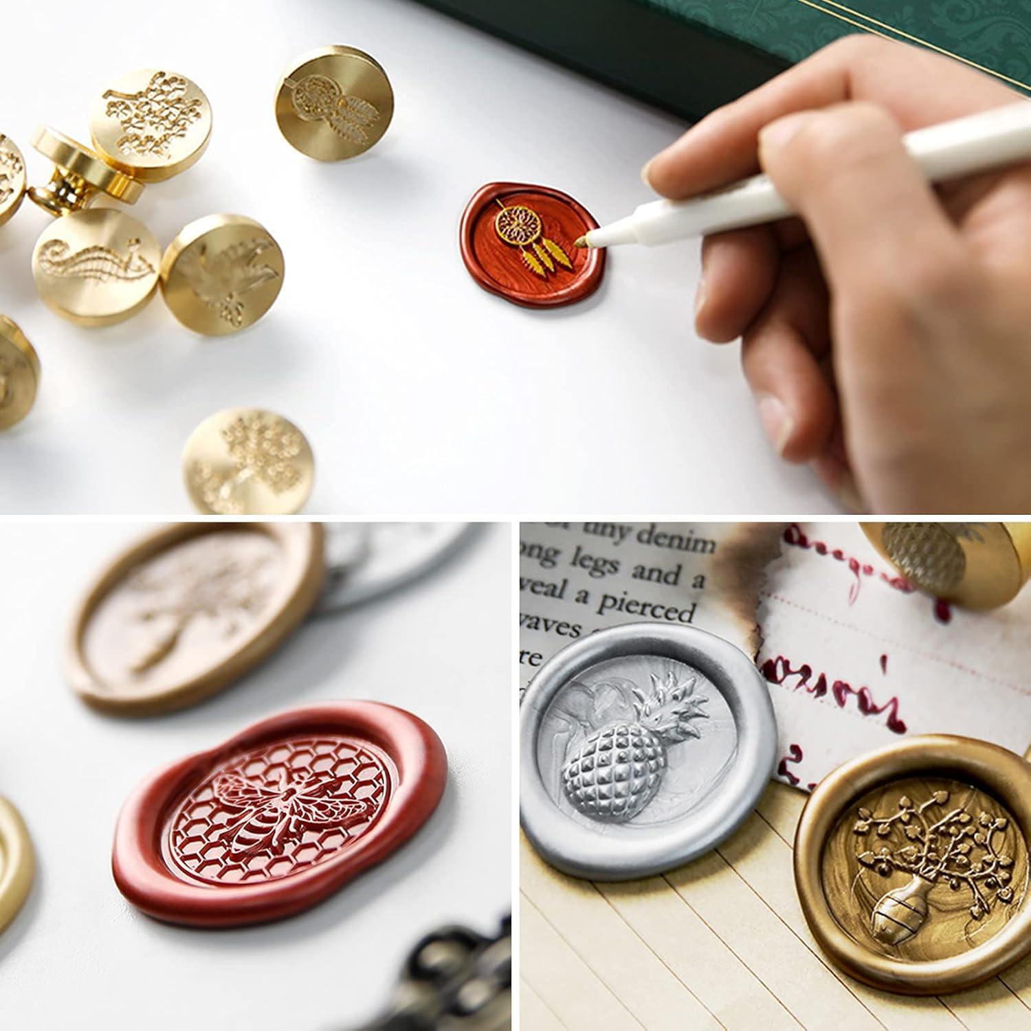 Eacam Wax Seal Stamp Kit Retro Wax Sealing Wax Beads Wax Melting Spoon Wax Seal Stamp Candle Copper Head Metallic Pen for Envelopes Letter Cards Wedding Invitations Gift Decoration Arts Crafts image number 4